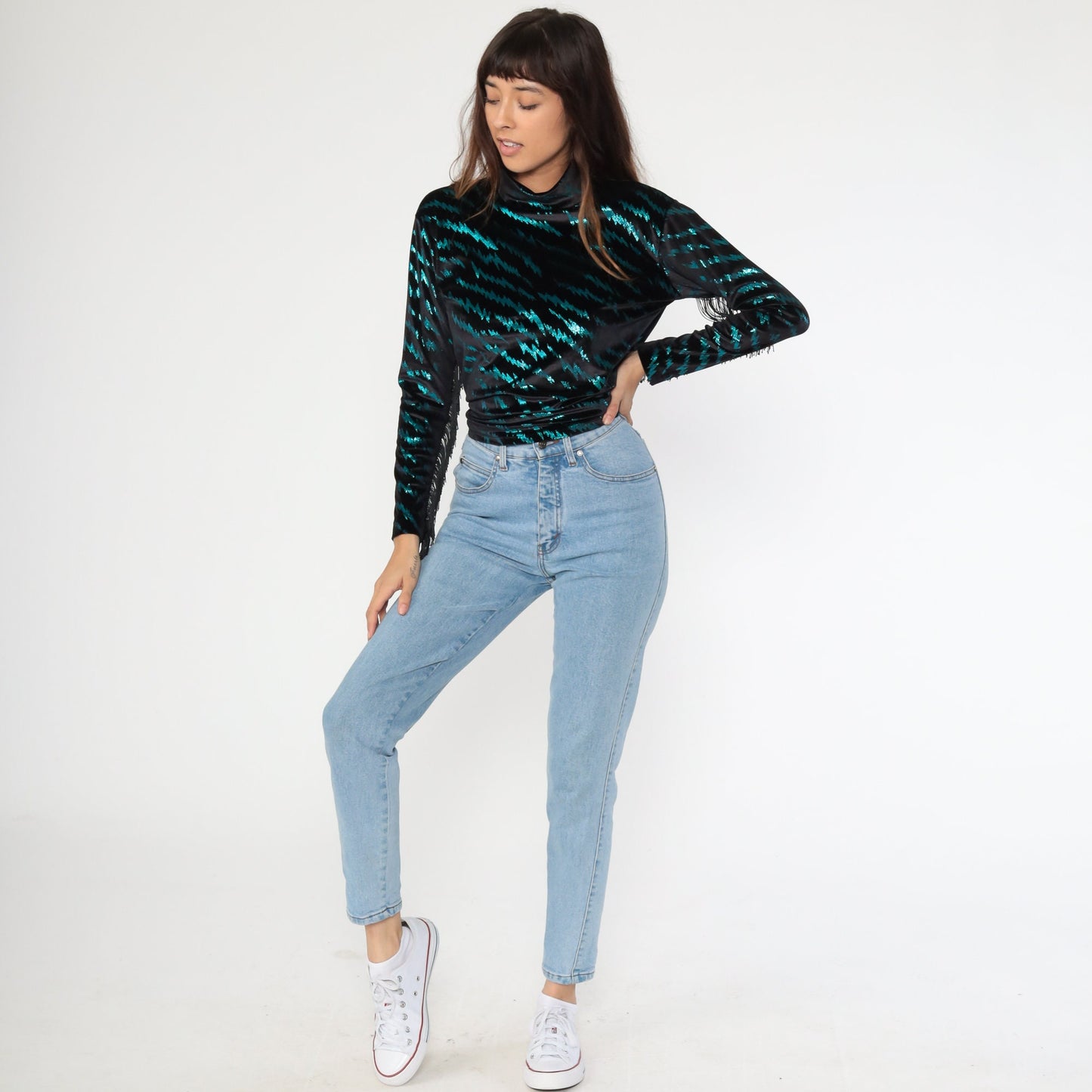 90s Metallic Tiger Print Fringe Turtleneck Y2K Club Shirt Extra Small XS