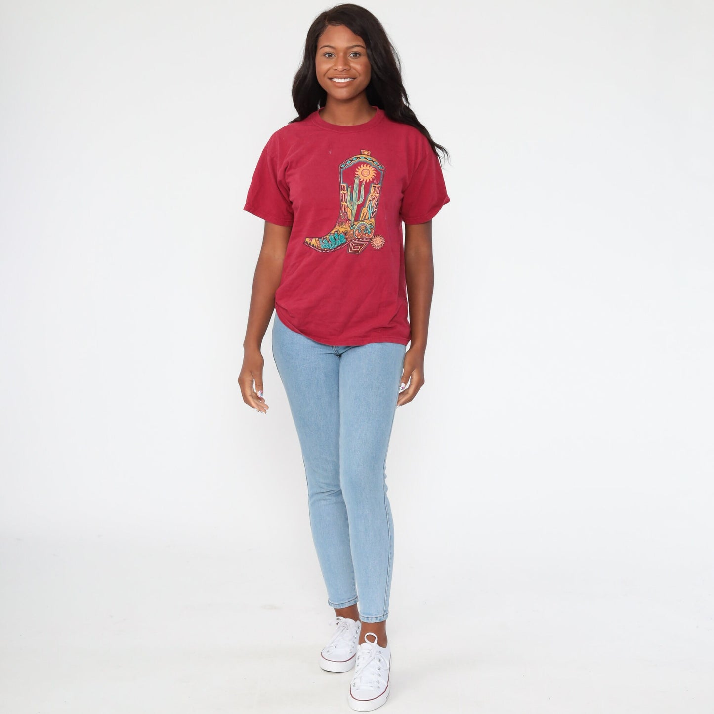 80s Cactus Cowboy Boot Desert Graphic T-Shirt Red Southwestern Medium