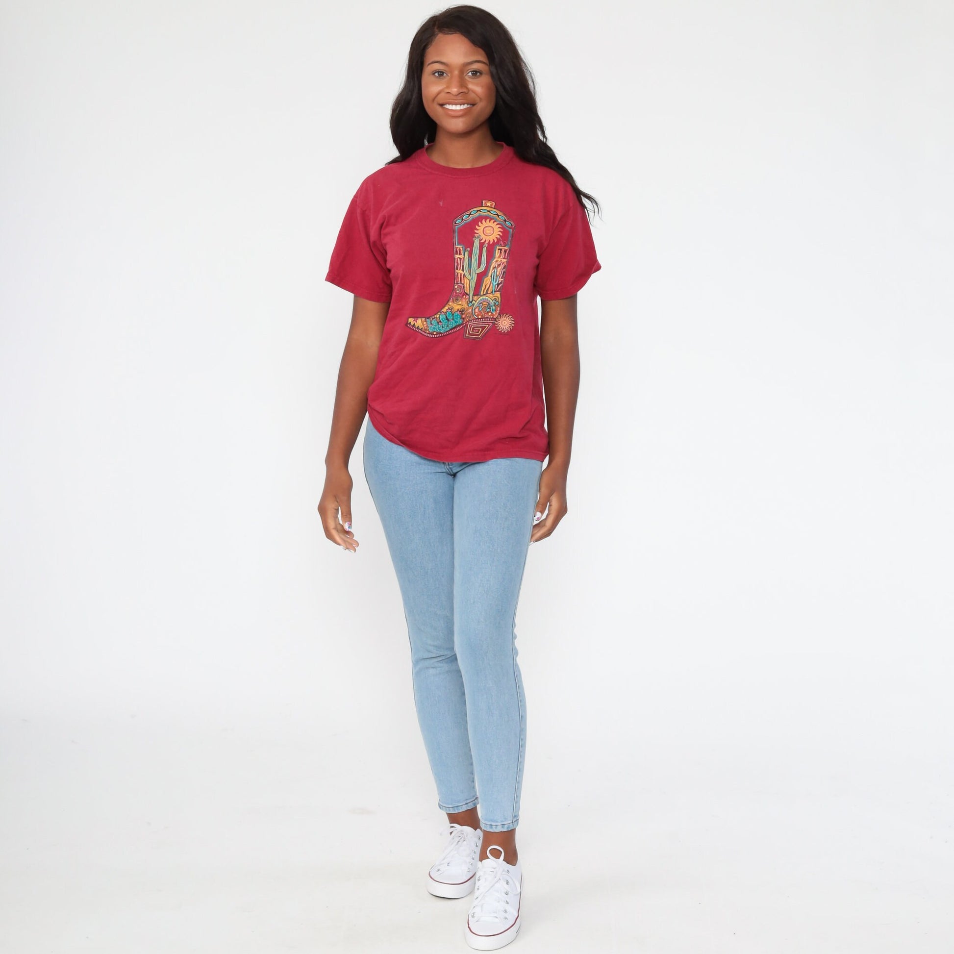 80s Cactus Cowboy Boot Desert Graphic T-Shirt Red Southwestern Medium