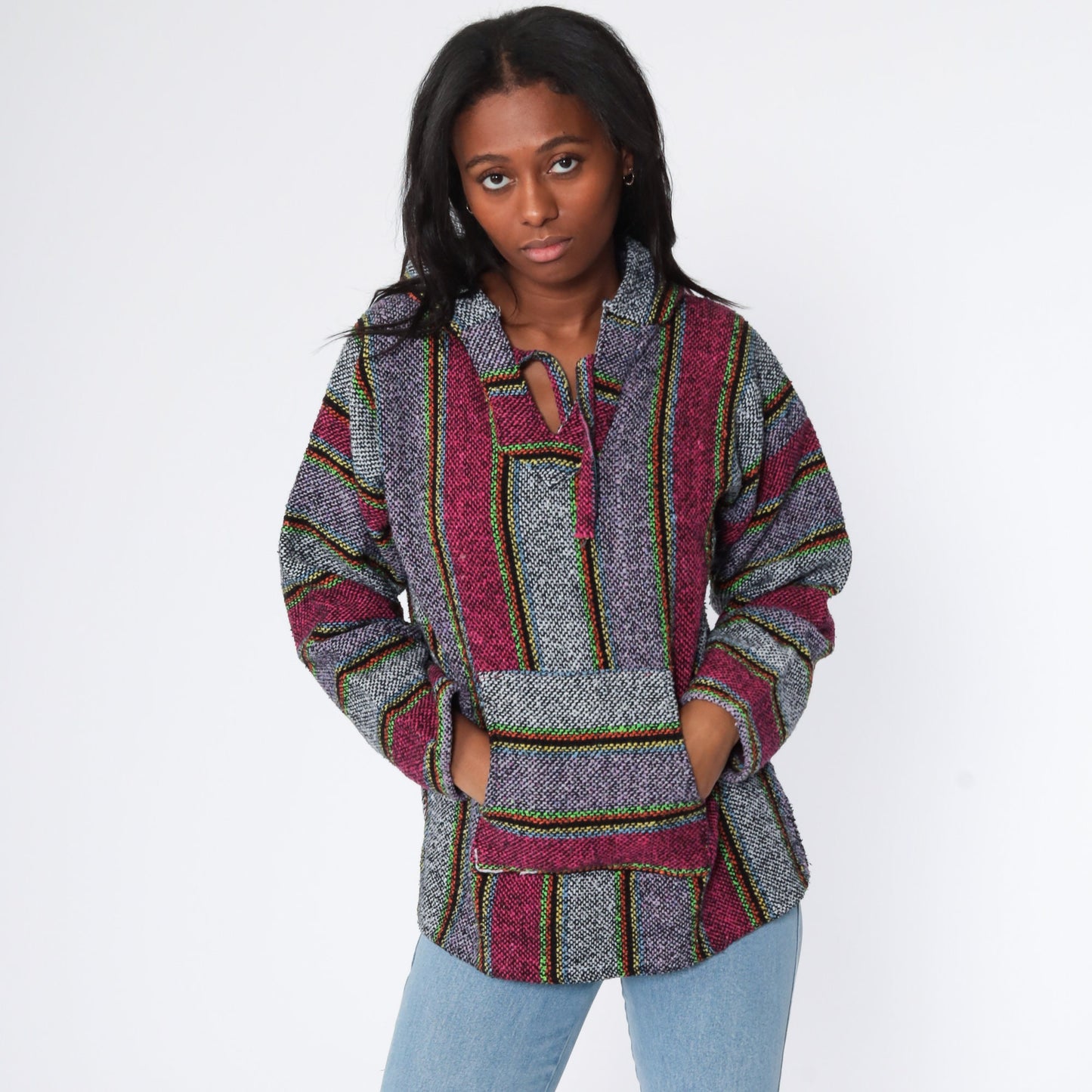 90s Mexican Baja Pullover Hoodie Striped Grey Pink Medium