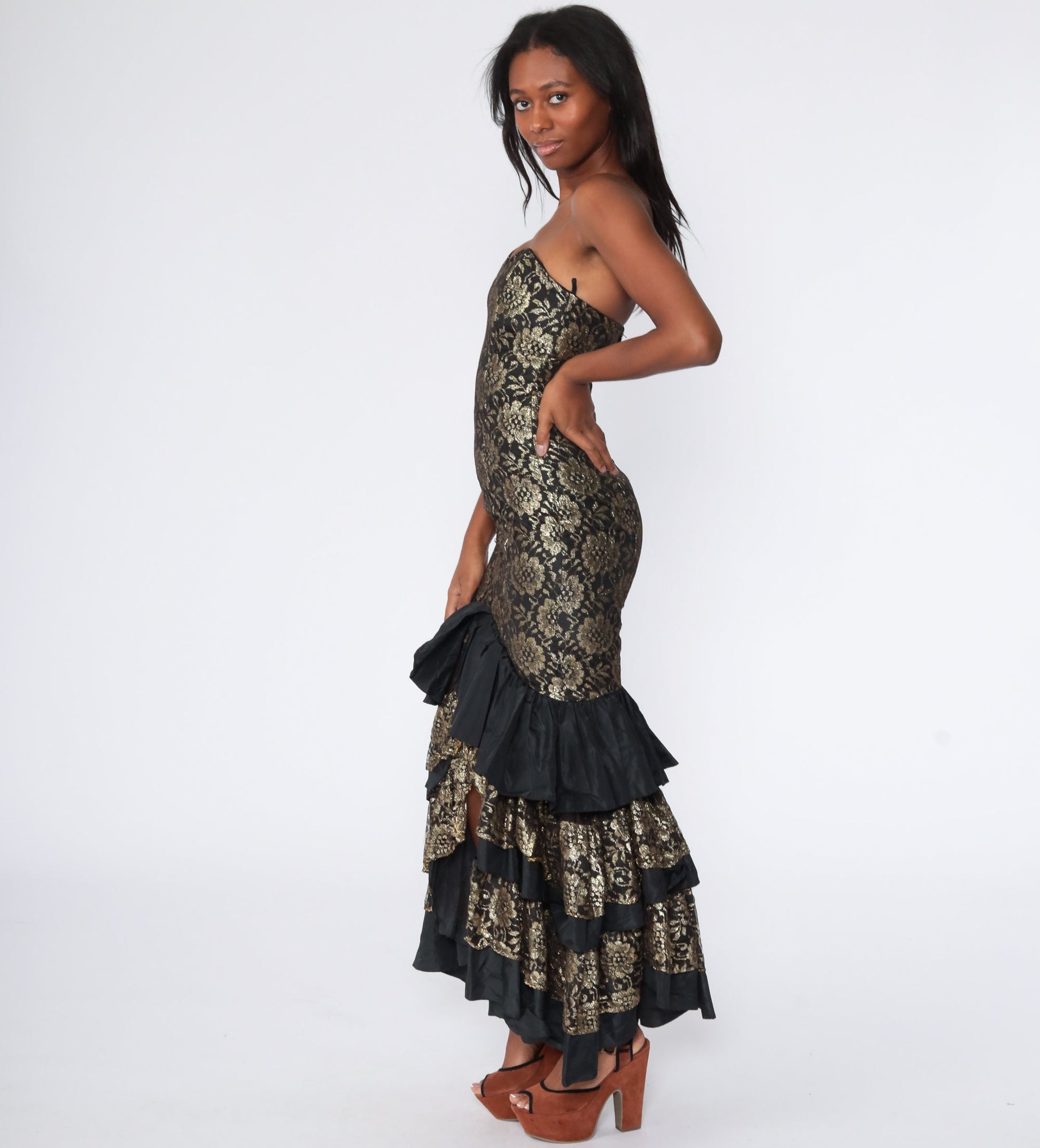 80s Metallic Gold Lace Strapless Mermaid Maxi Dress Sweetheart Neckline Extra Small