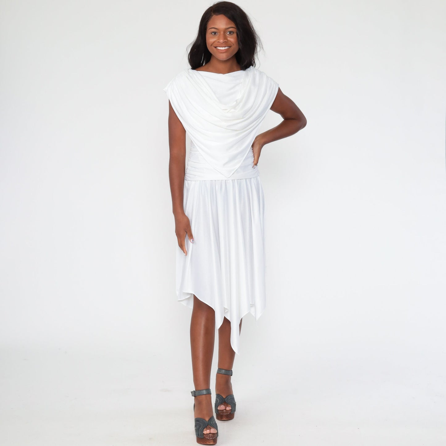 70s White Grecian Draped Midi Dress Cowl Neck Low Back Extra Small