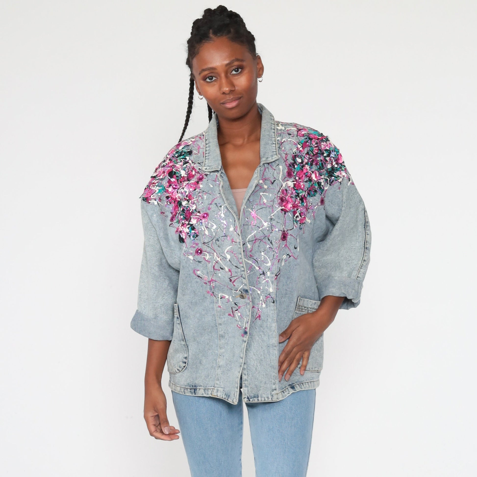 80s Acid Wash Denim Jacket Paint Splatter Glitter Blue Small