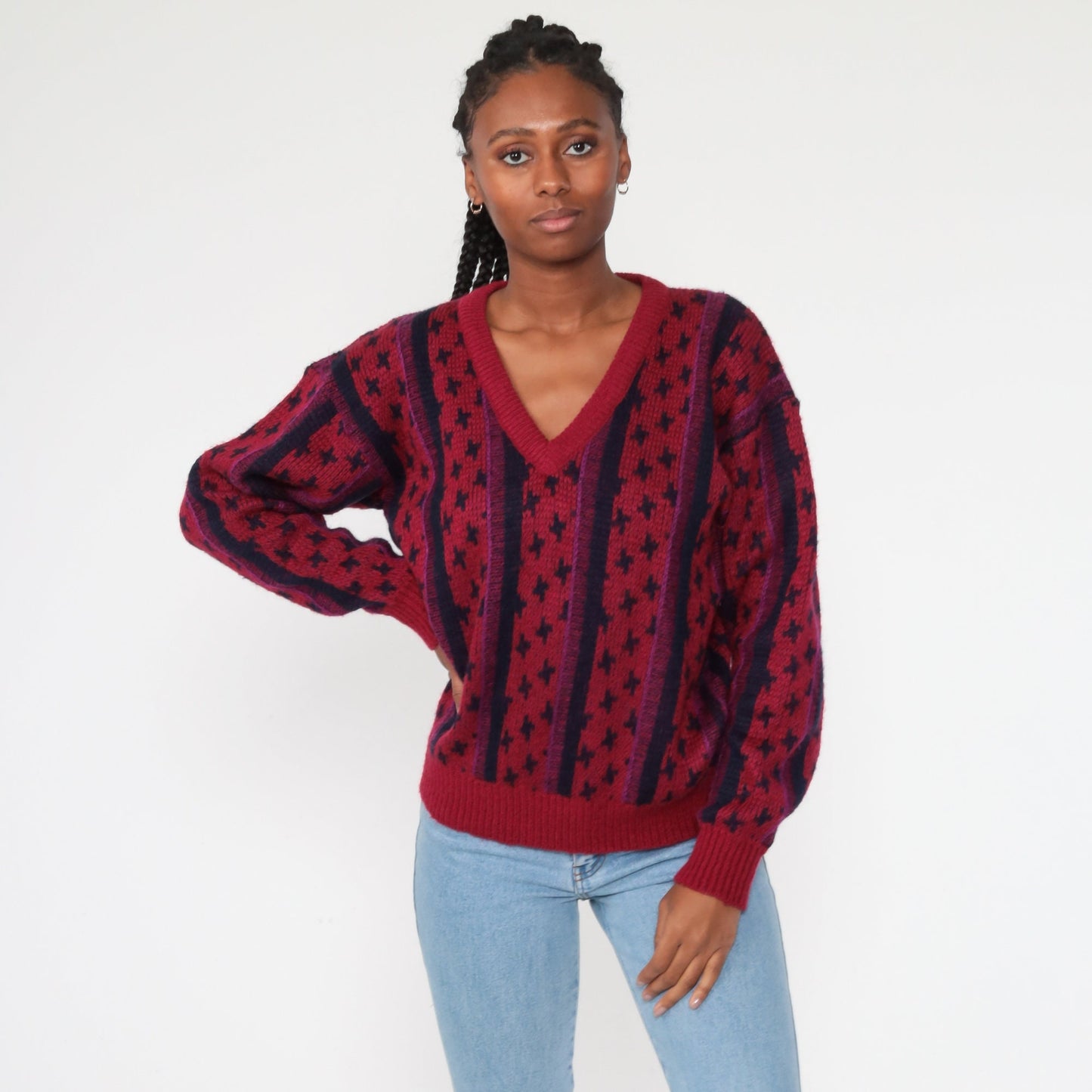 80s Burgundy Striped V-Neck Wool Blend Sweater Knit Pullover Medium
