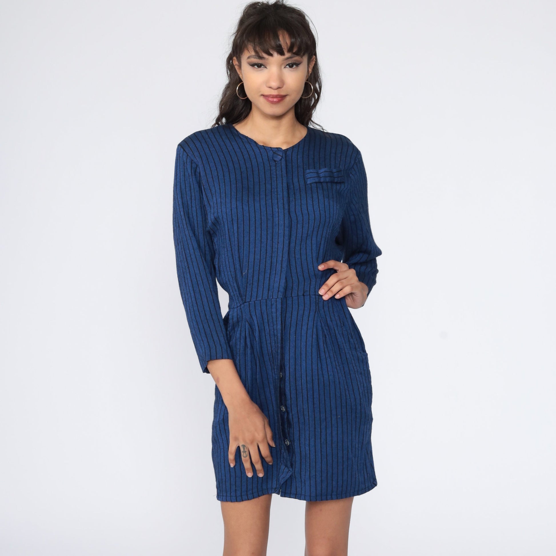 70s Blue Striped Button-Up Mini Dress High Waist Shirtdress Small S