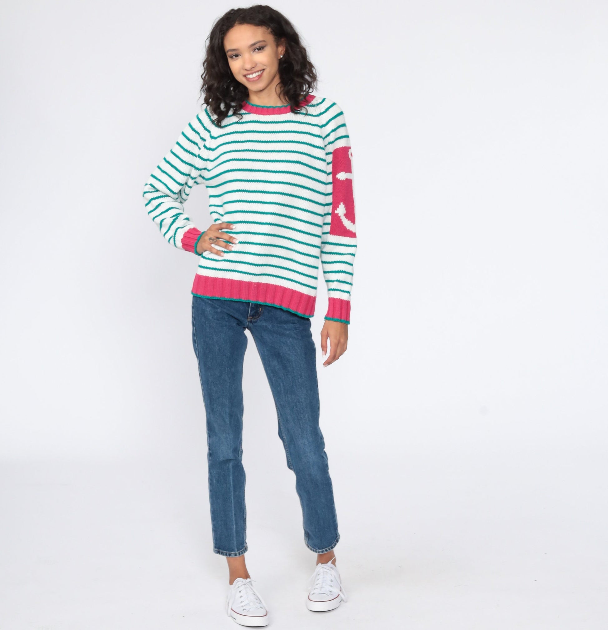 90s Nautical Anchor Striped Knit Sweater White Green Small