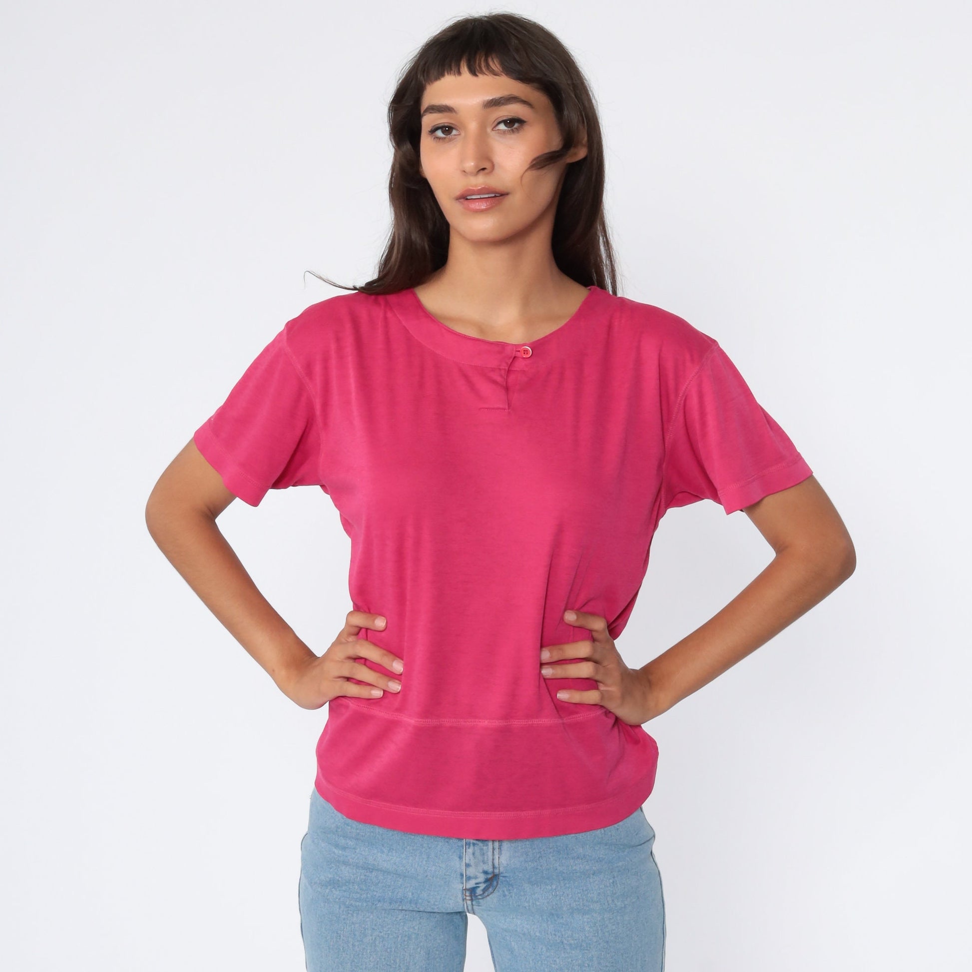 80s Hot Pink Button Neck T-Shirt Short Sleeve Cotton Blend Medium