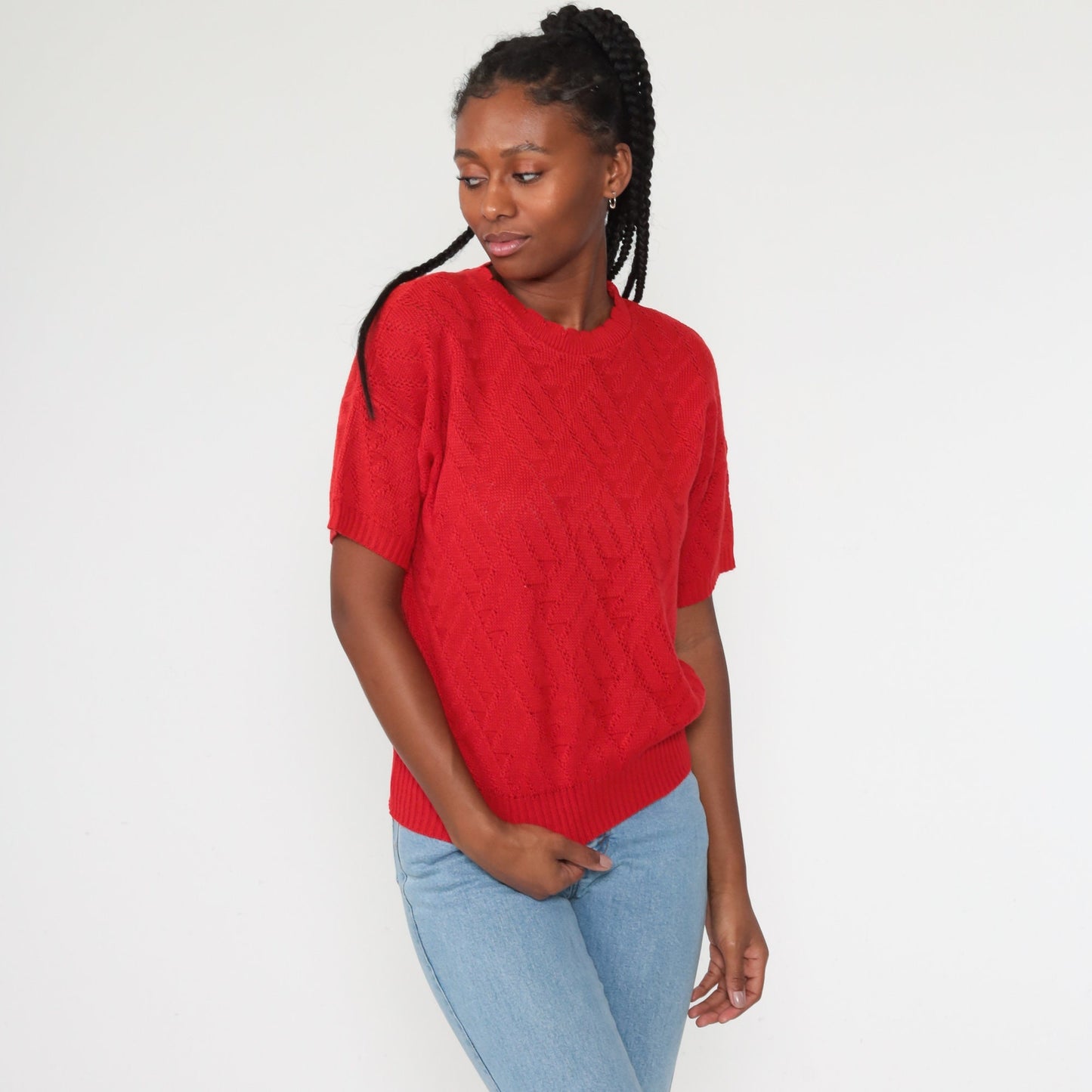 80s Red Open Weave Knit Sweater Top Short Sleeve Medium