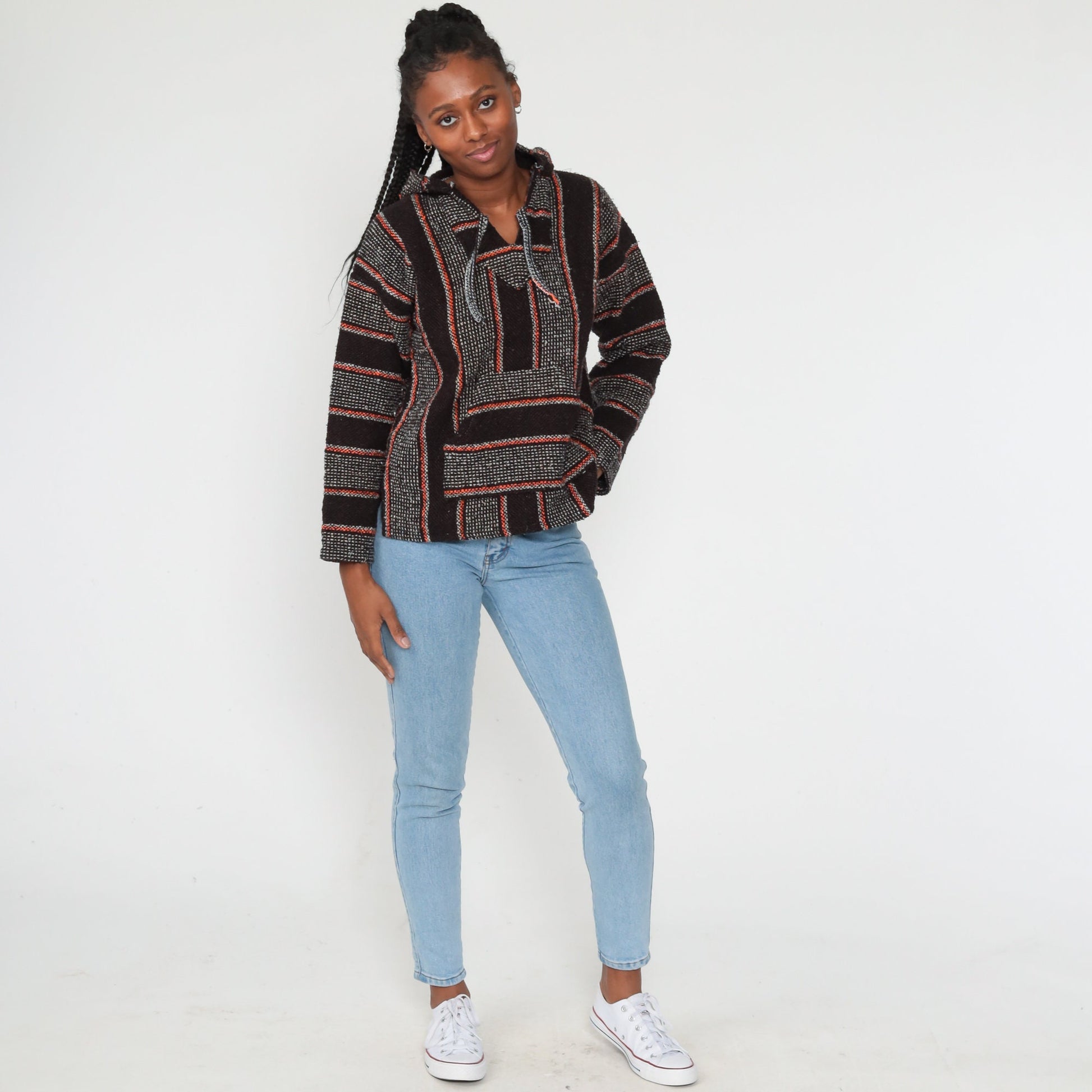 90s Mexican Baja Hoodie Orange Black Stripe Kangaroo Pocket Small