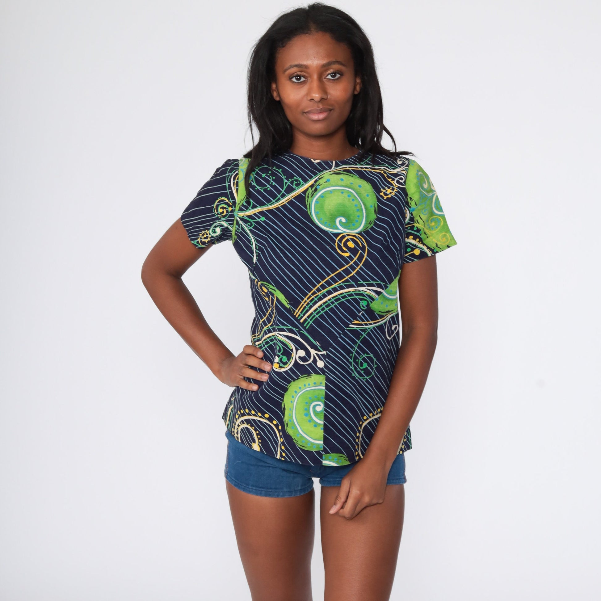 70s Psychedelic Swirl Print Tunic Blouse Dark Blue Short Sleeve Medium