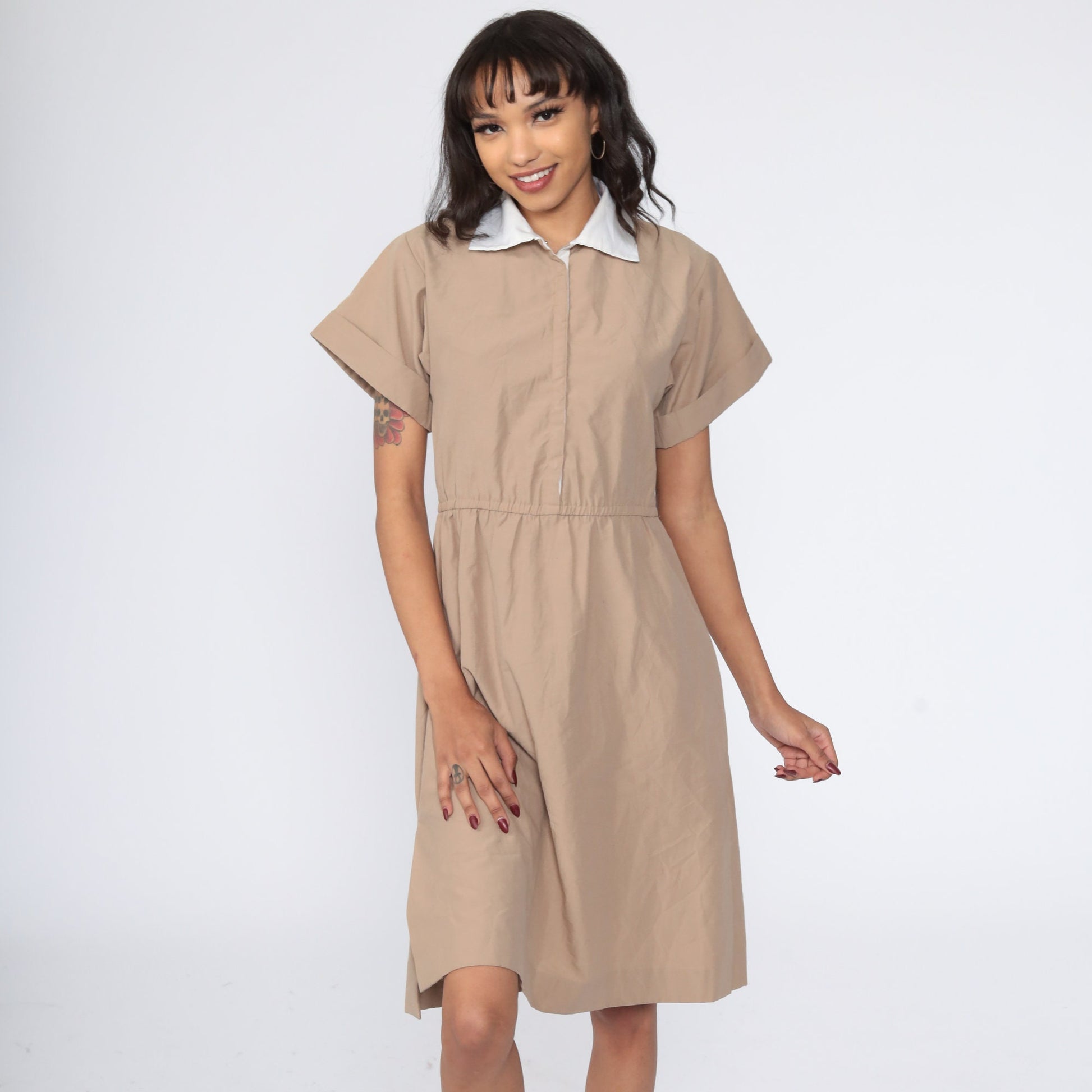 80s Khaki Shirtwaist Midi Dress High Waisted Button Up Short Sleeve Small