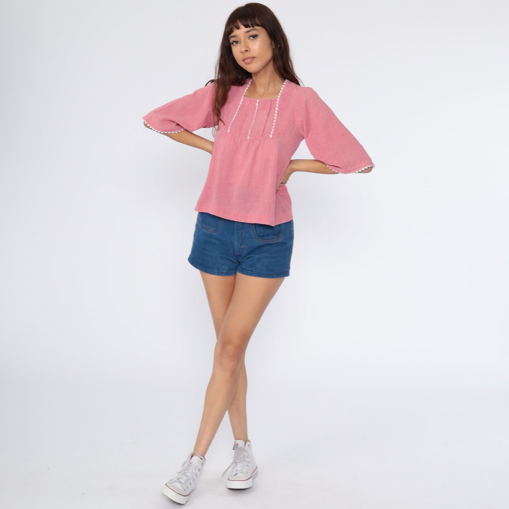 70s Pink Cotton Tunic Top Wide Sleeve Blouse Extra Small XS