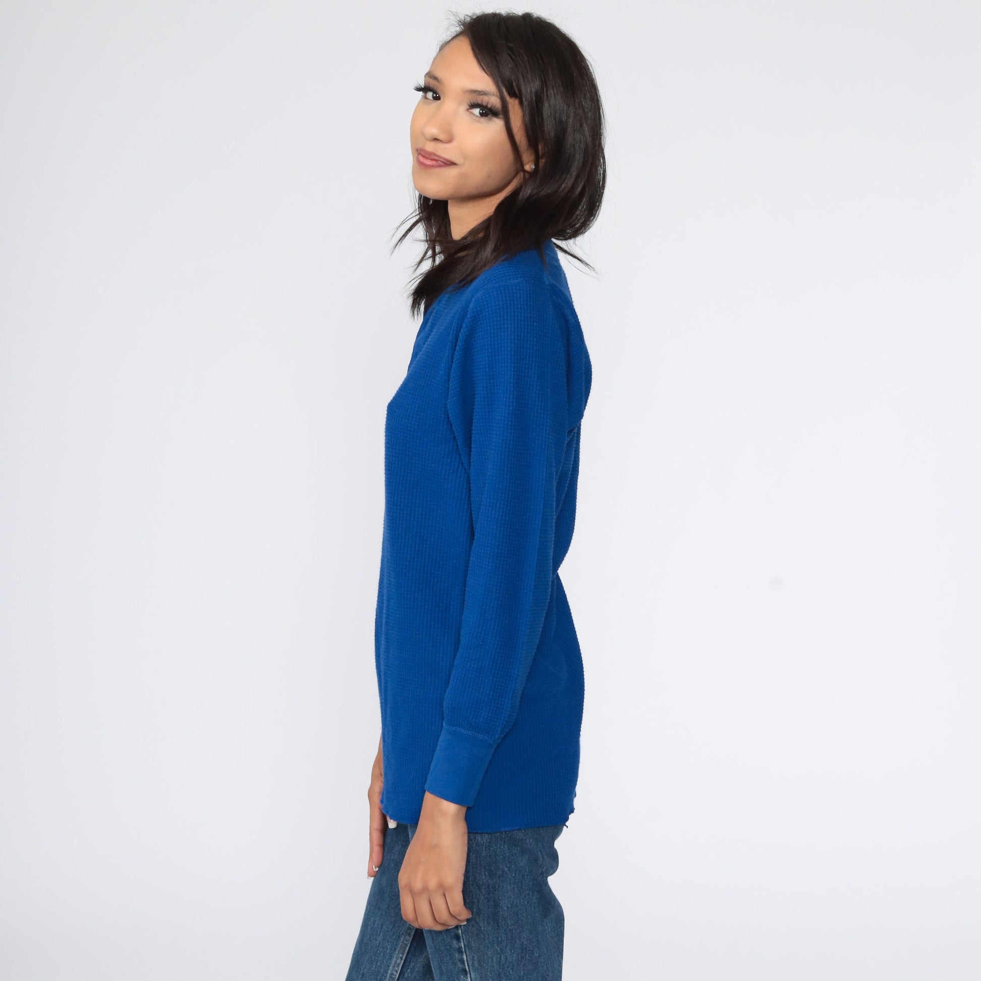 90s Blue Waffle Knit Thermal Henley Long Sleeve Shirt Large