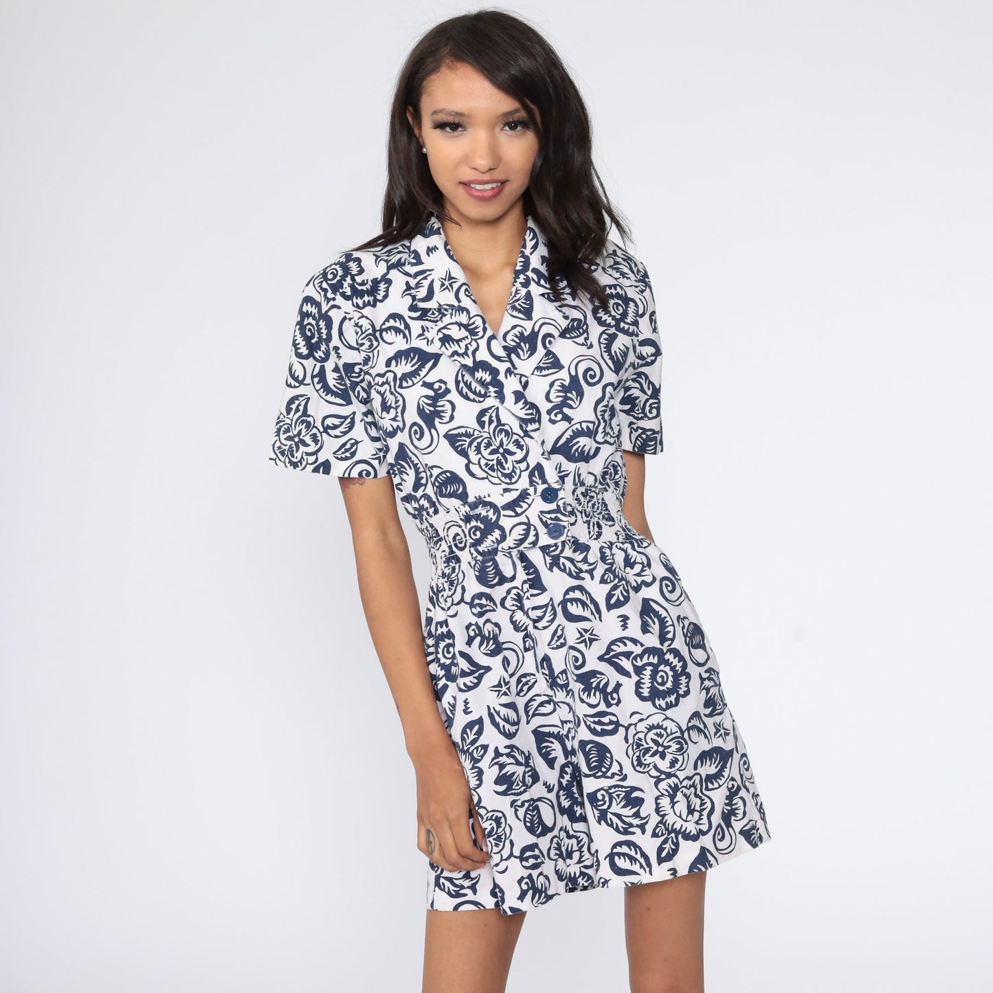 90s Floral Romper White Blue V-Neck High Waist Playsuit Small S