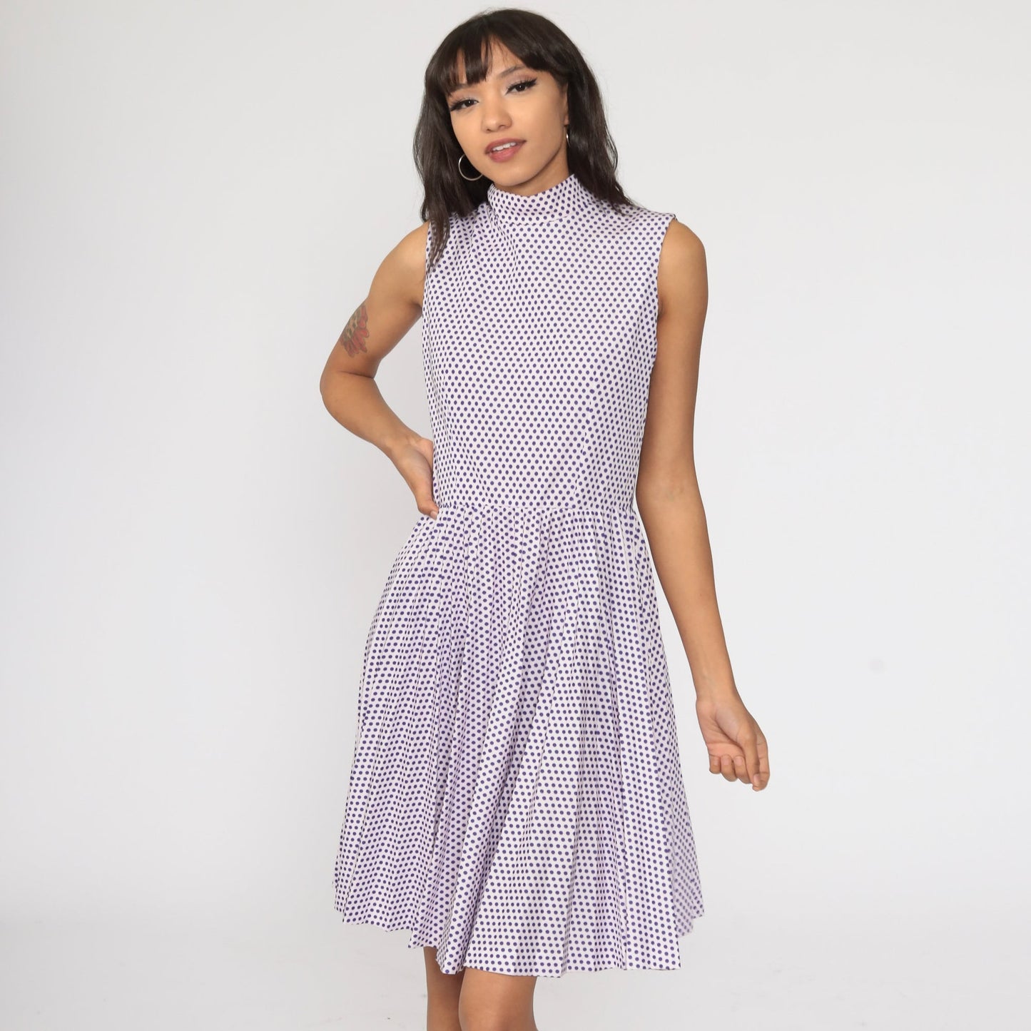 1970s Purple Polka Dot Midi Dress High Waist Pleated Mock Neck Pink Small