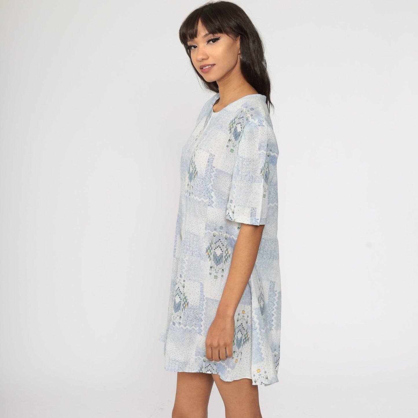 1960s Geometric Print Shift Dress Light Blue Mini Short Sleeve Large