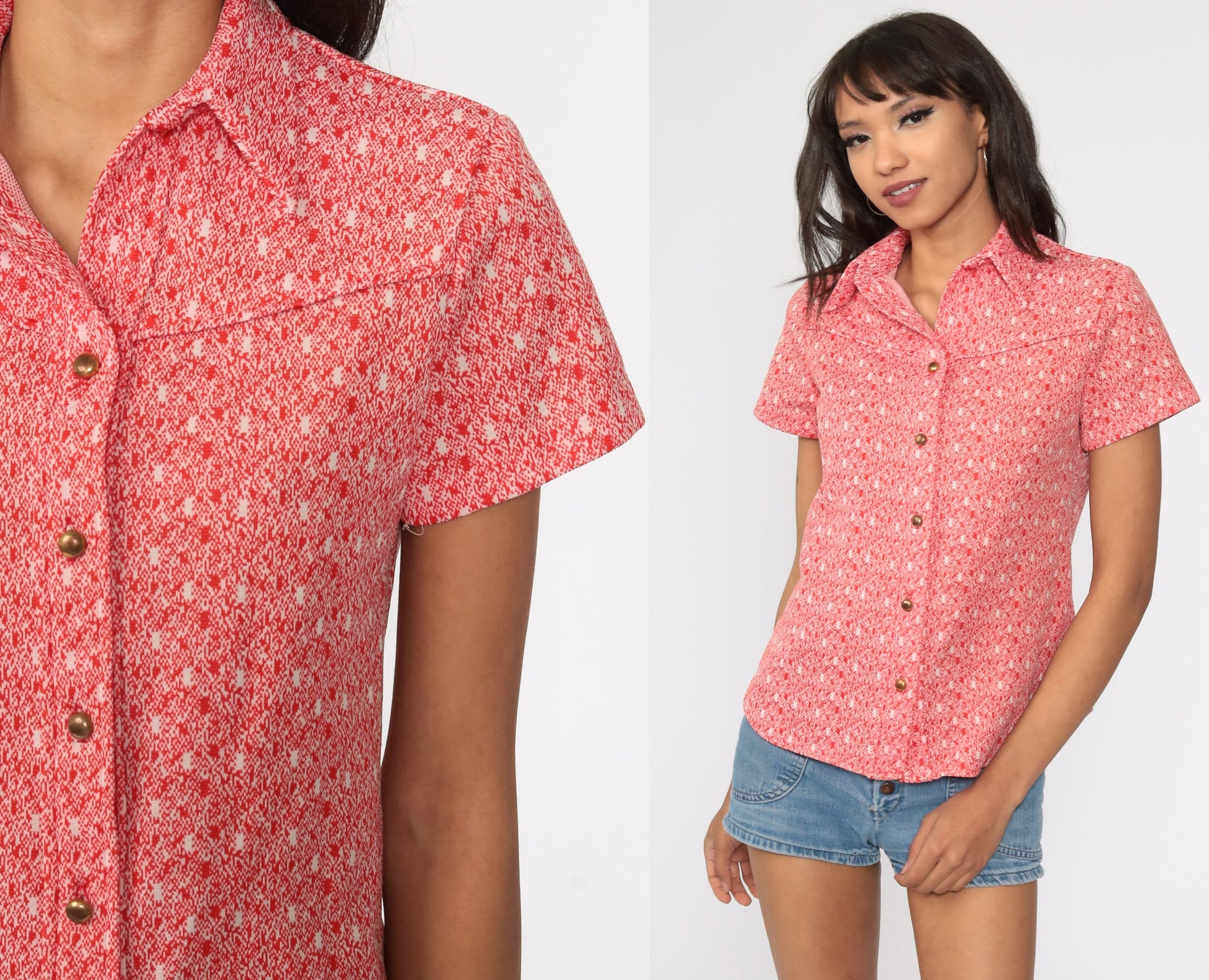 70s Orange Dagger Collar Button-Up Shirt Short Sleeve Small