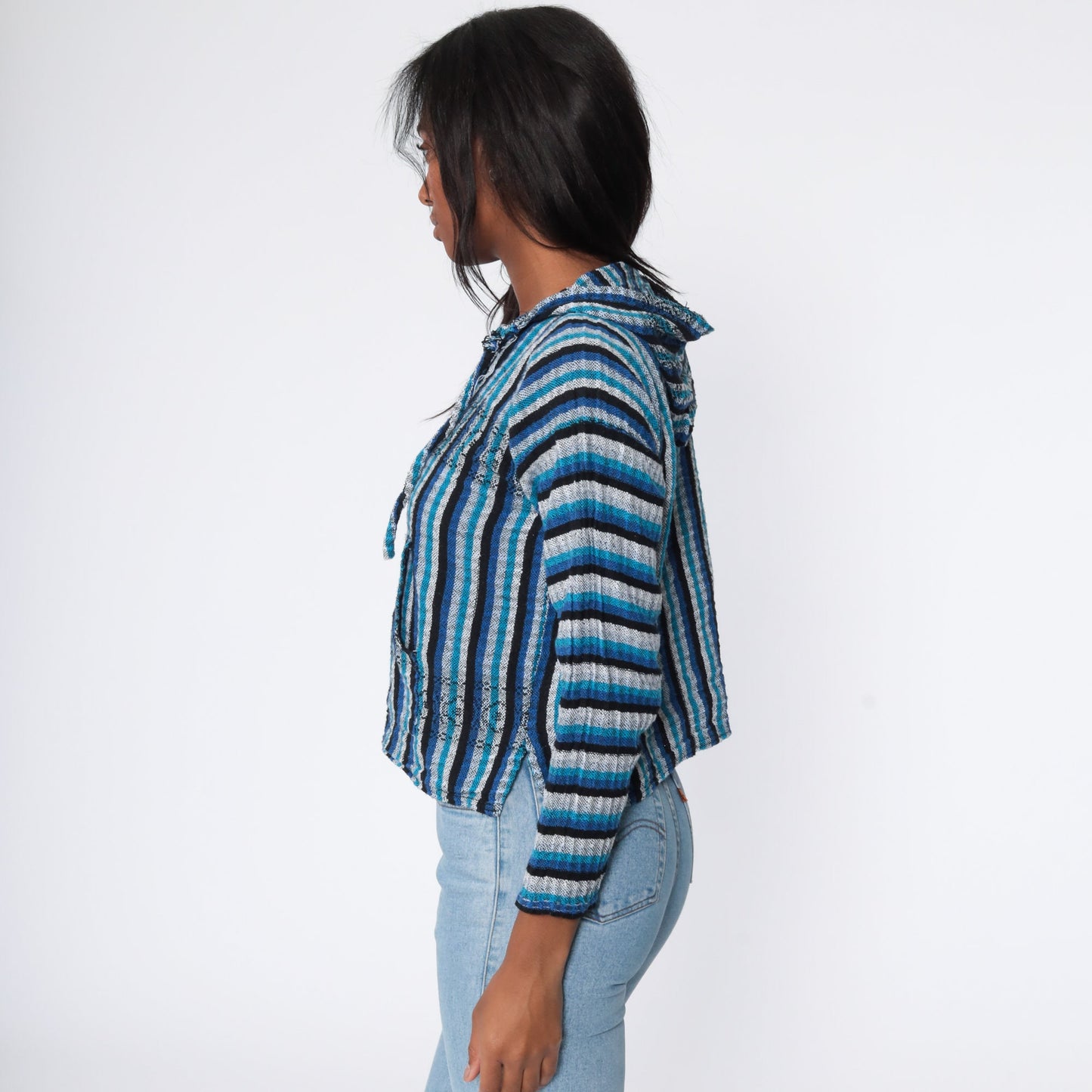 00s Mexican Baja Hoodie Blue Stripe Cotton Kangaroo Pocket Small Medium