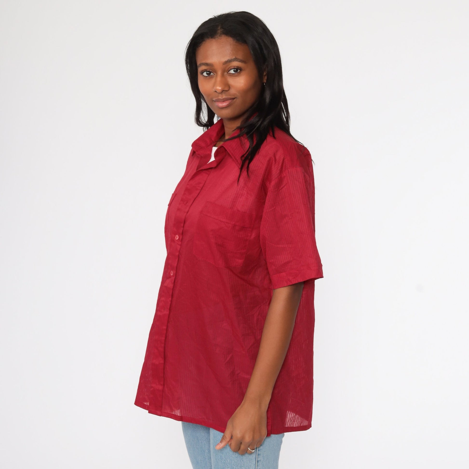 70s Red Sheer Button-Up Shirt Dagger Collar Short Sleeve Extra Large