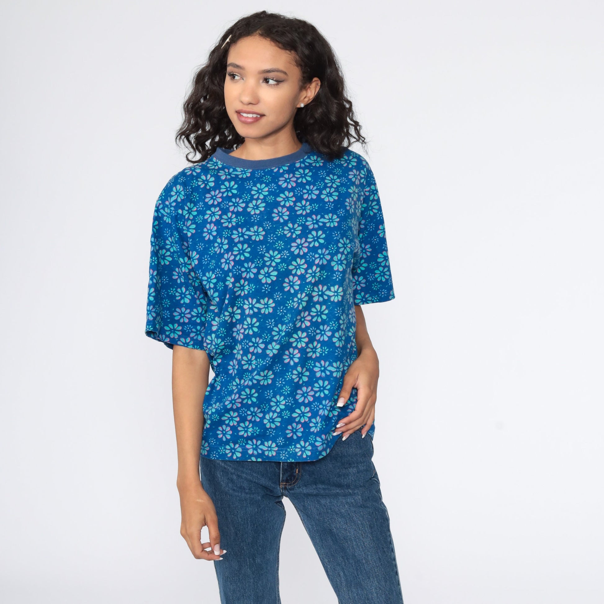 90s Floral Graphic T-Shirt Blue Flower Print Ringer Tee Medium M