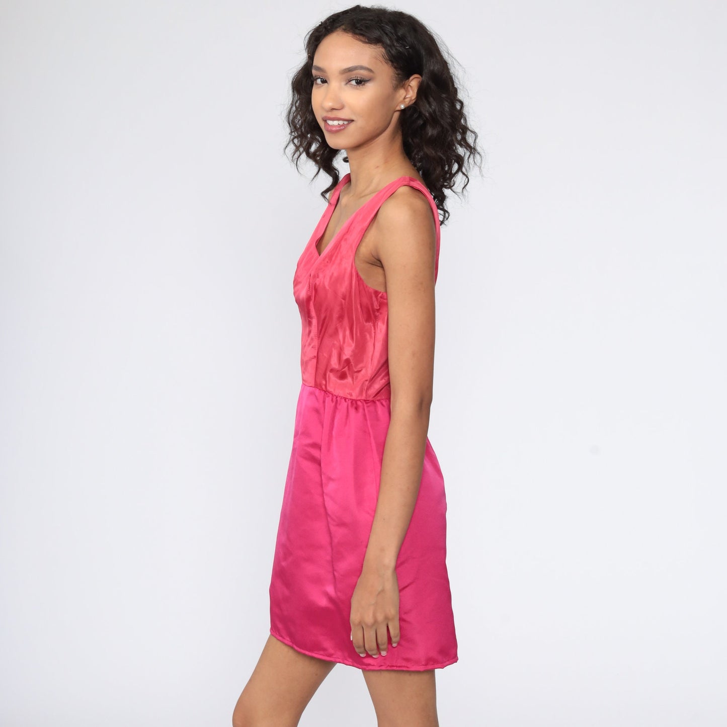 60s Pink Satin Mini Dress Sleeveless High Waist Cocktail Extra Small XS