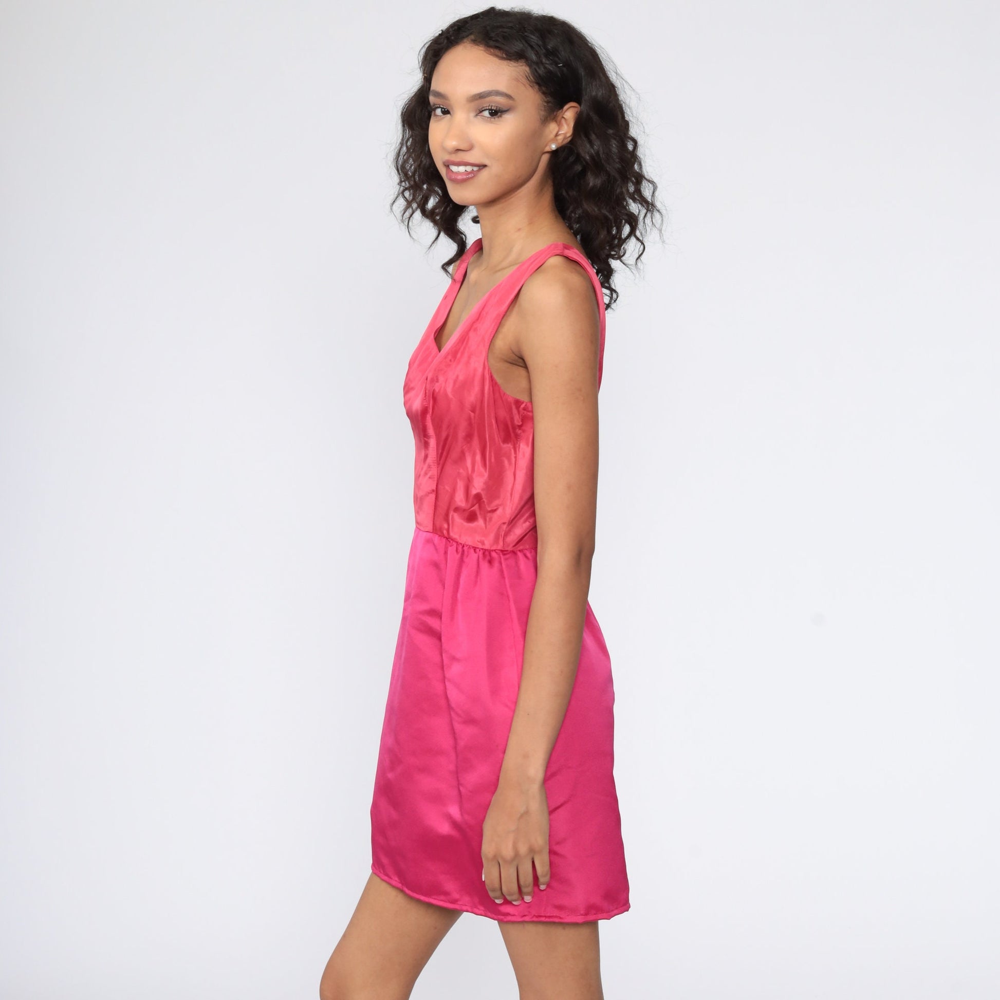 60s Pink Satin Mini Dress Sleeveless High Waist Cocktail Extra Small XS