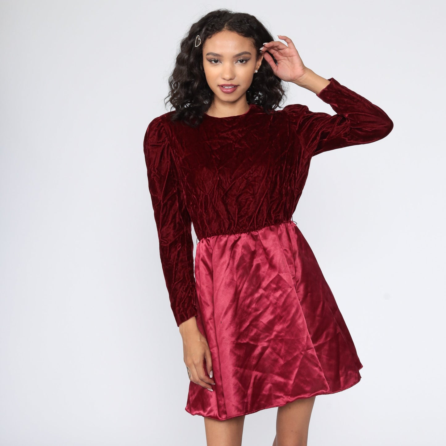 70s Red Velvet Mini Dress Puff Sleeve High Waist Party Medium