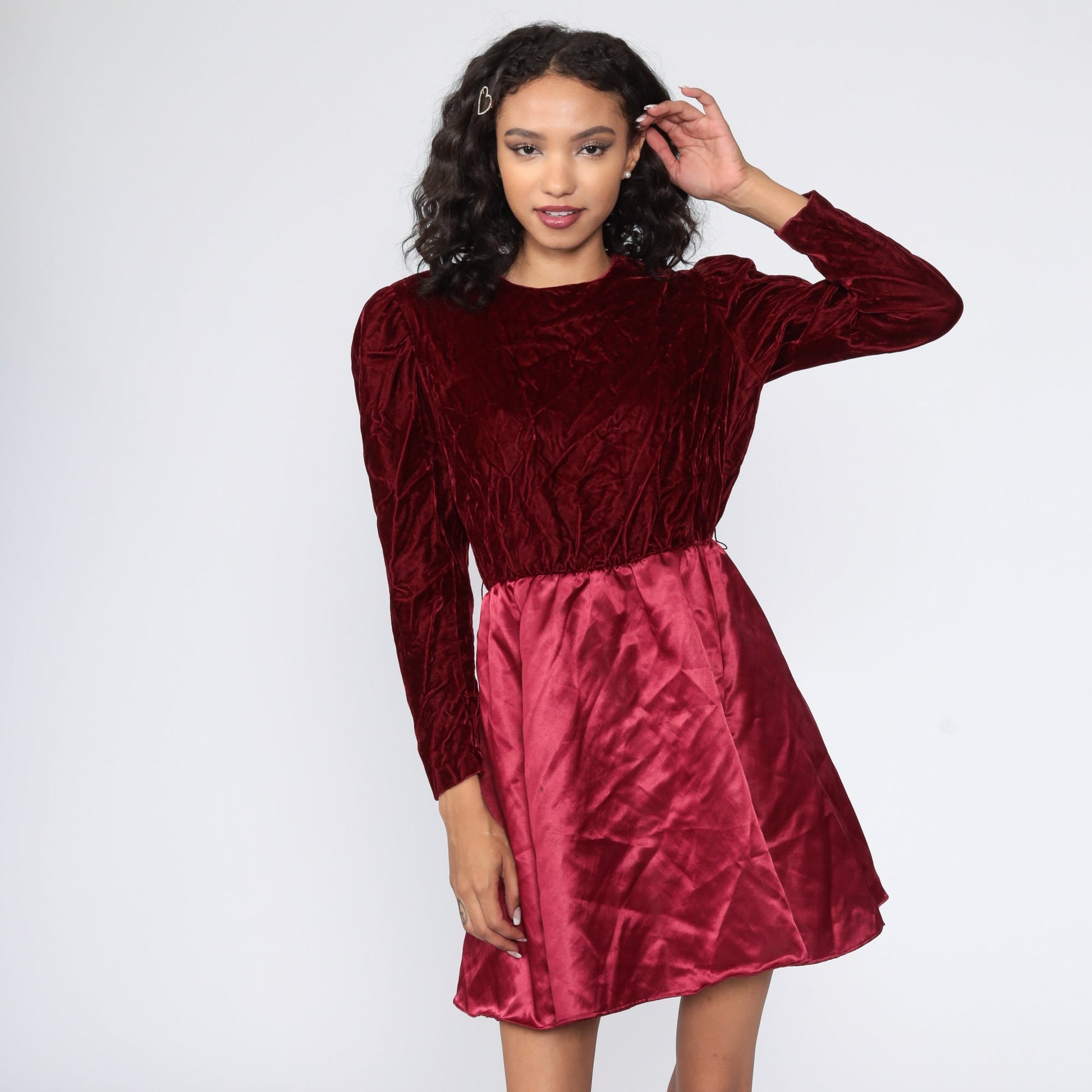 70s Red Velvet Mini Dress Puff Sleeve High Waist Party Medium