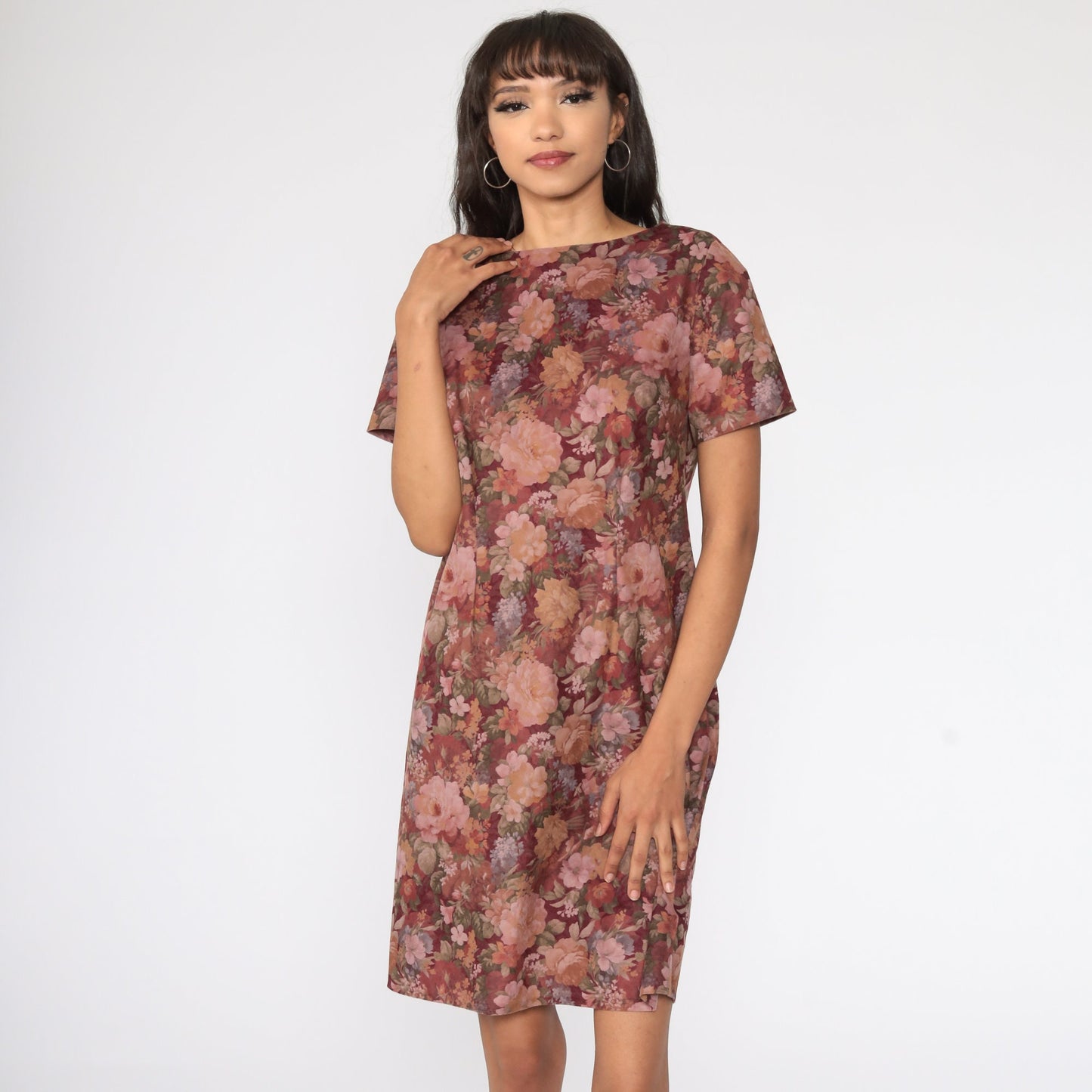 90s Floral Mini Dress Burgundy Shift Faux Suede Short Sleeve Medium
