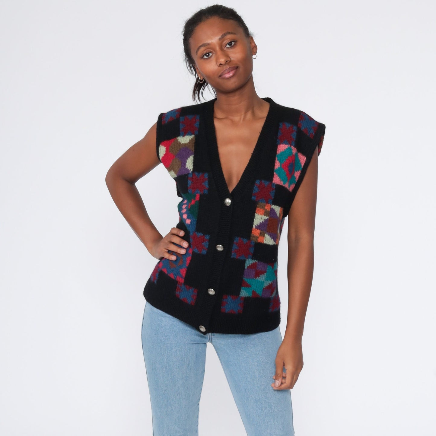 LL Bean Wool Quilted Vest 80s Black Southwestern Small