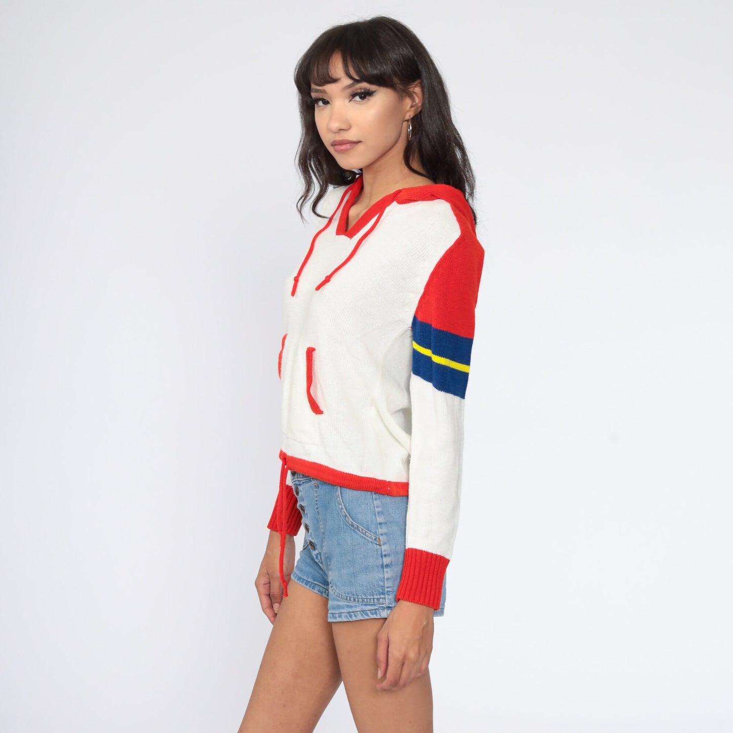 70s White Red Striped Hooded Sweater Knit Pullover Kangaroo Pocket Small