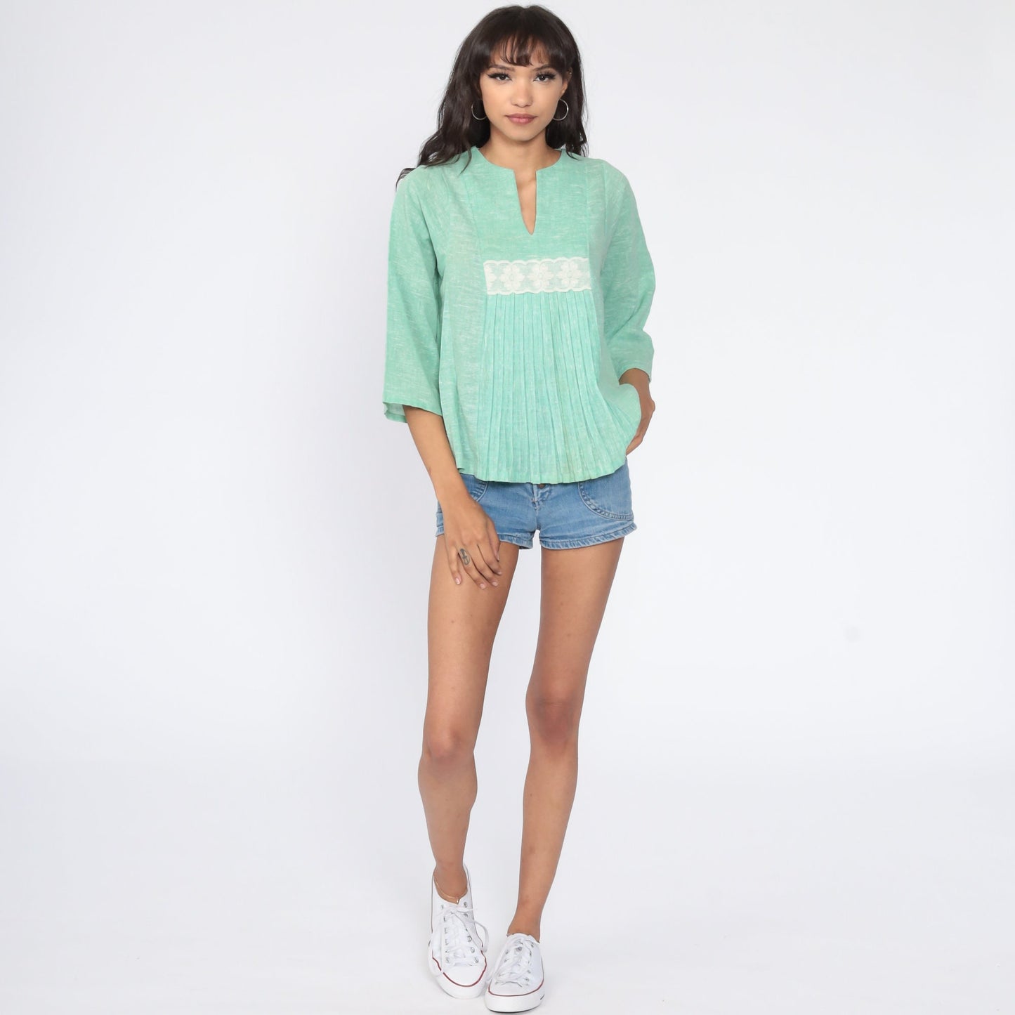 70s Mint Green Cotton Gauze Tunic Bell Sleeve Lace Trim Blouse Small
