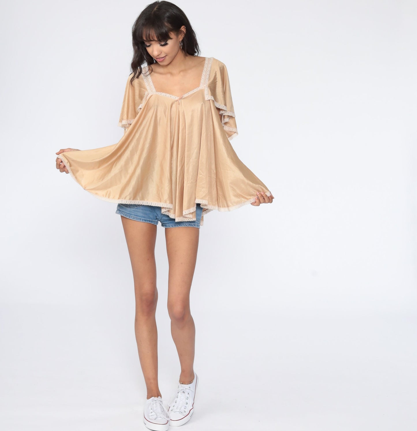 70s Tan Flutter Sleeve Tent Top Tunic Blouse Extra Small