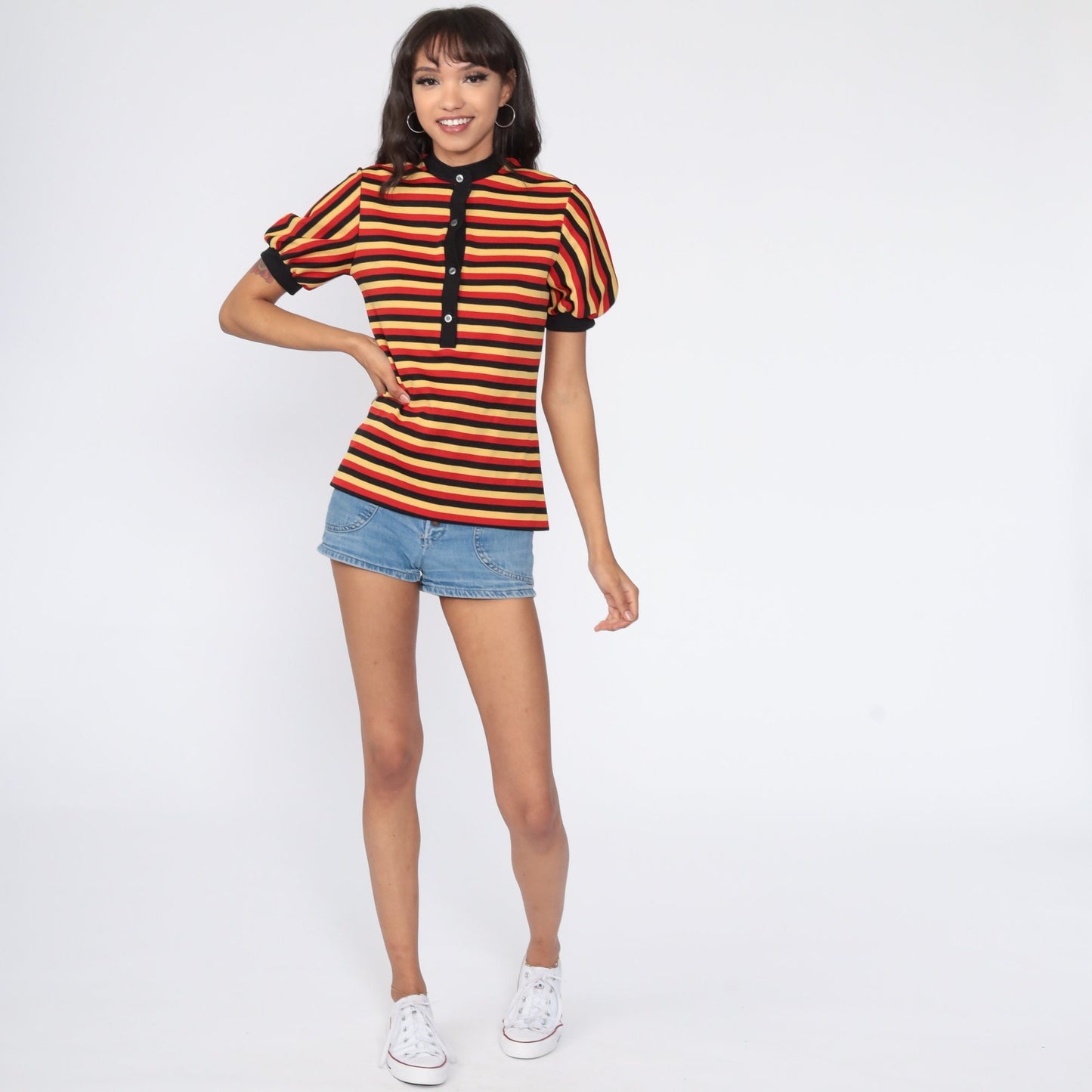 70s Red Yellow Striped Puff Sleeve Button-Up Blouse Small