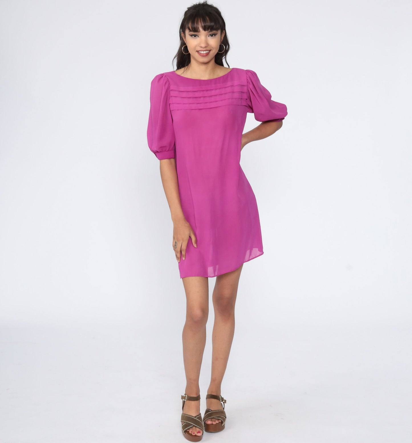 80s Purple Sheer Shift Dress Puff Sleeve Chiffon Medium