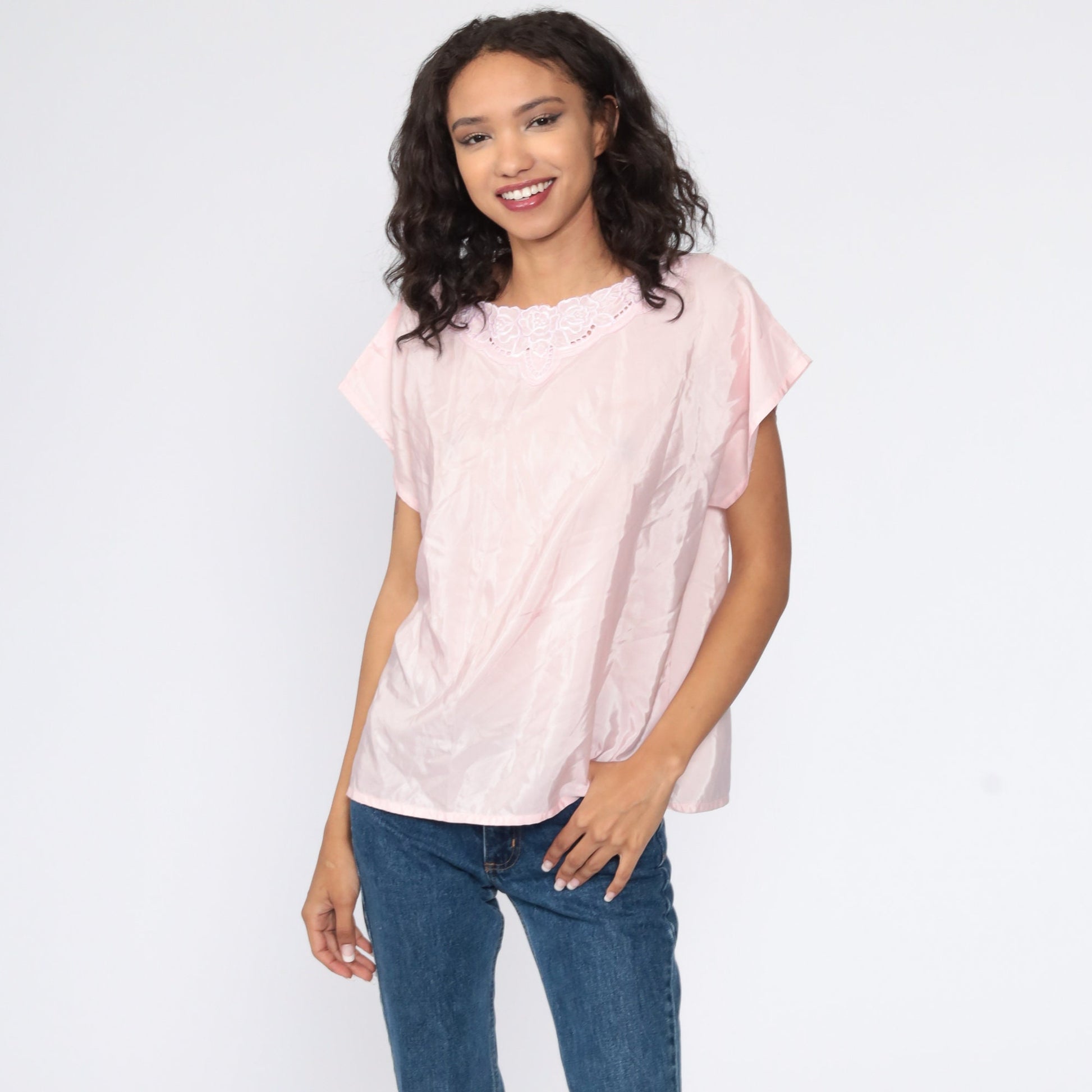 80s Baby Pink Cutwork Embroidered Blouse Floral Short Sleeve Medium