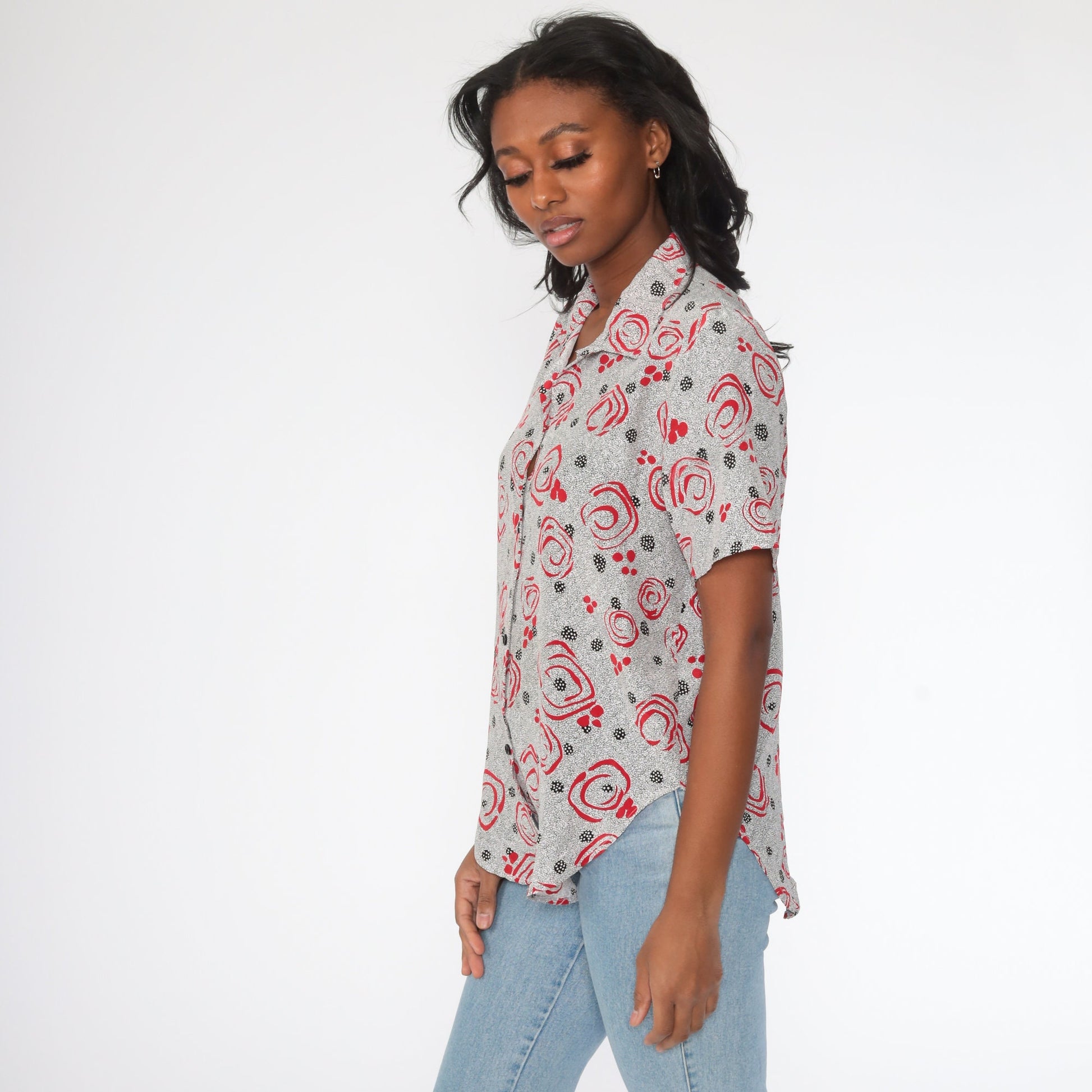 90s Abstract Floral Polka Dot Button Up Shirt Red Black Short Sleeve Medium