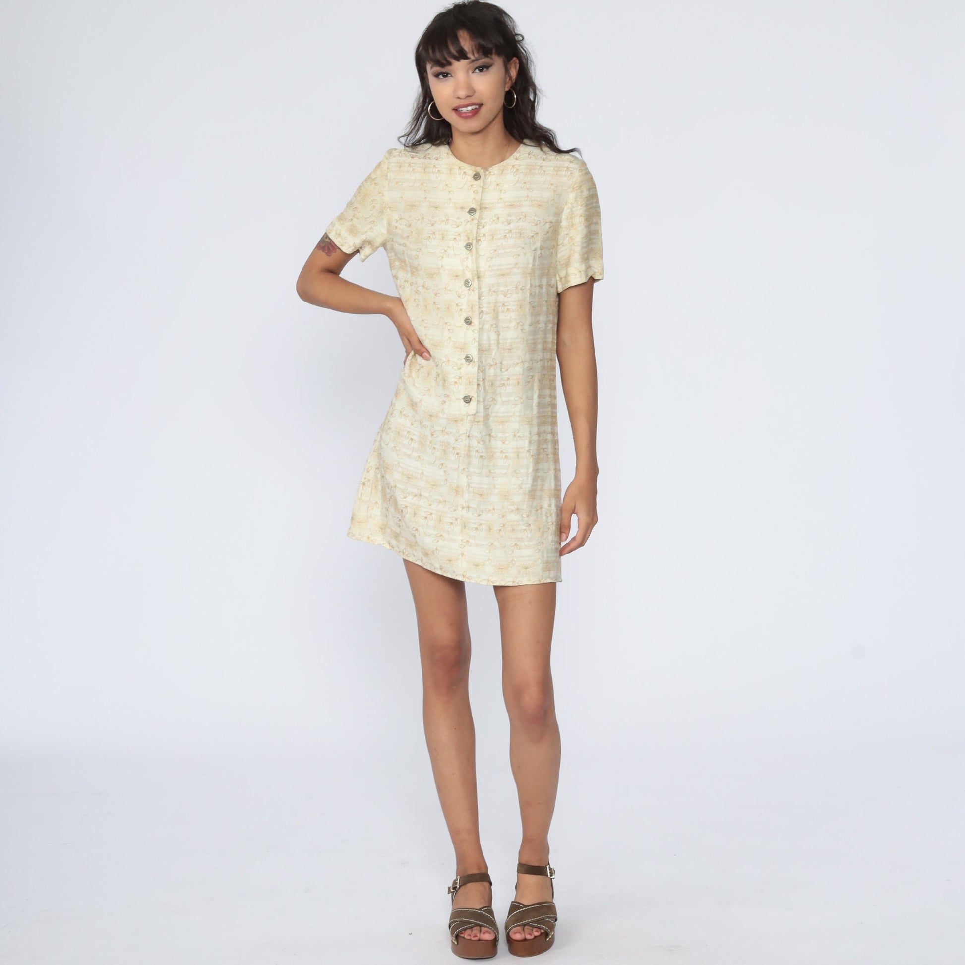 1960s L'Aiglon Cream Embroidered Shift Mini Dress Floral Small