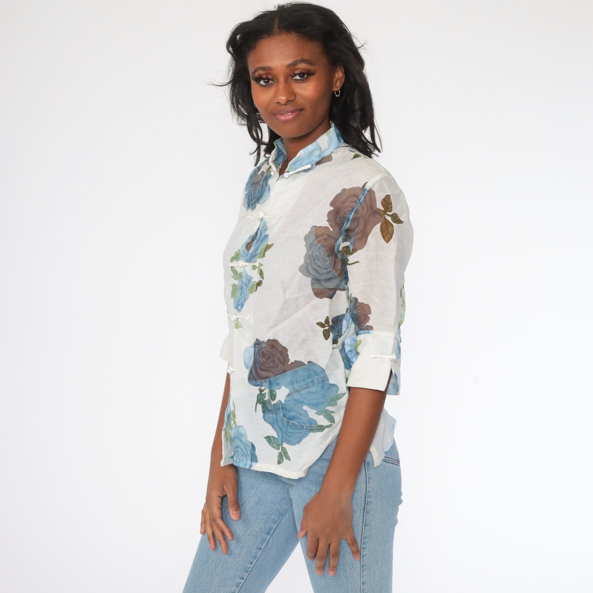 90s Floral Mandarin Collar Blouse White Button-Up Sheer 3/4 Sleeve Medium