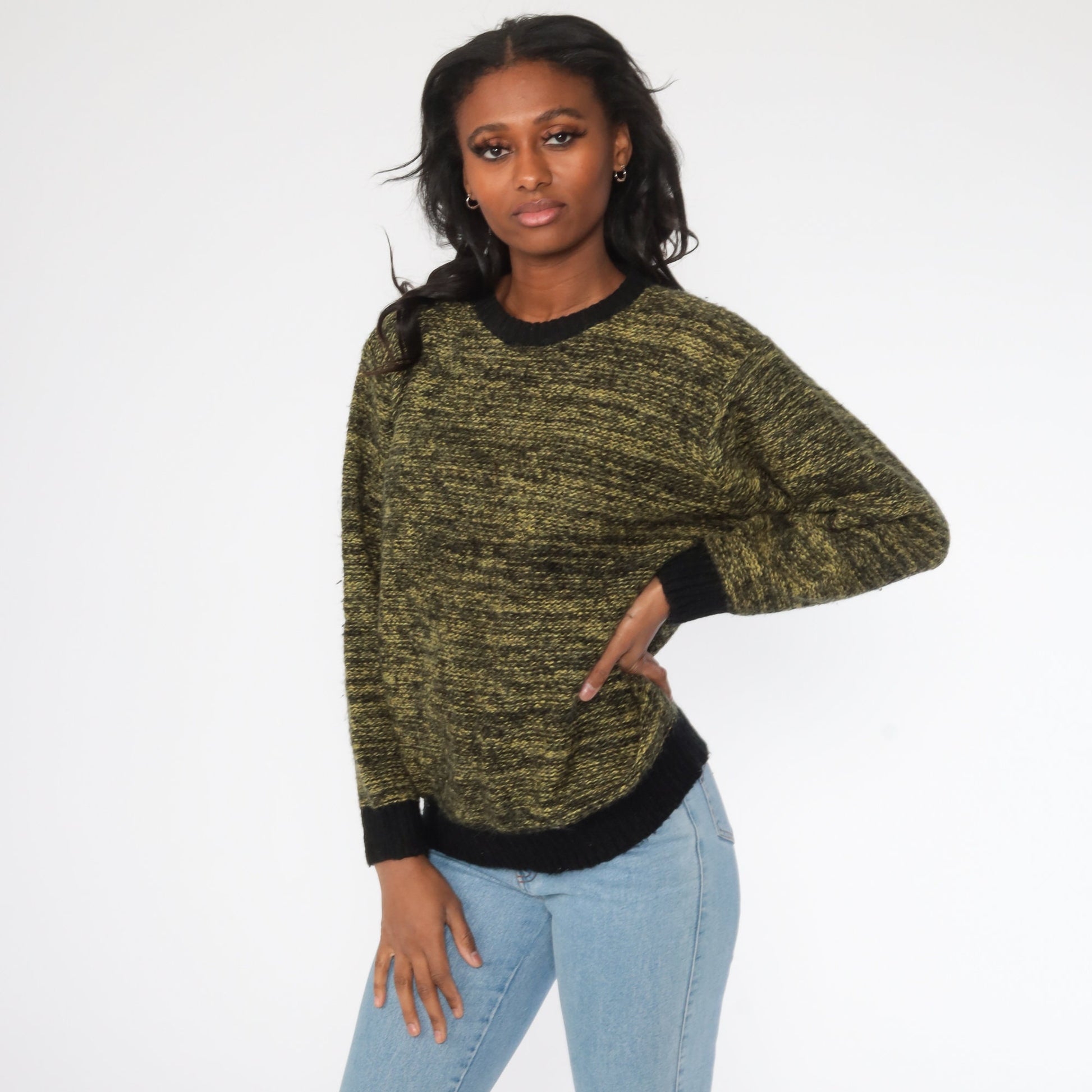 80s Space Dye Wool Blend Sweater Yellow-Green Crewneck Pullover Medium