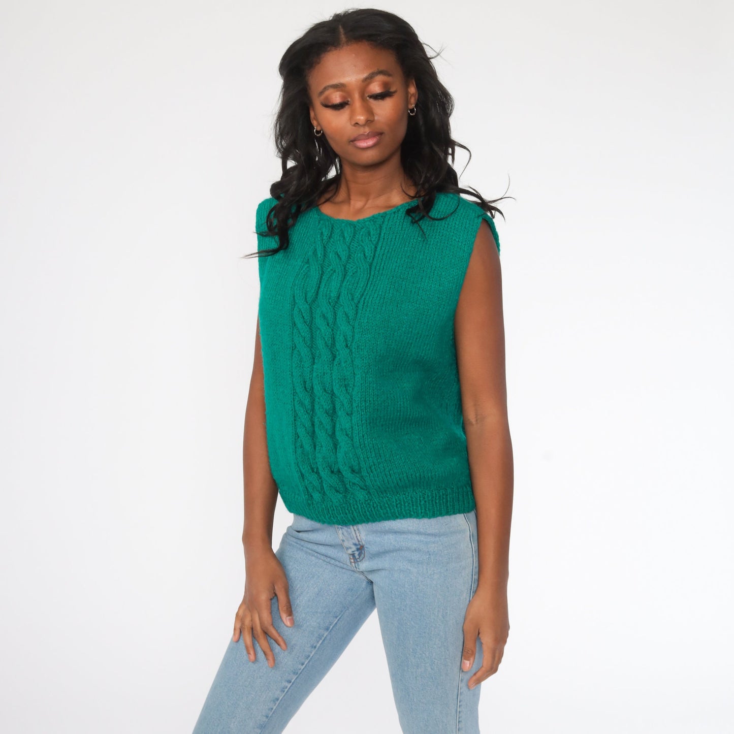 80s Cable Knit Sweater Vest Green Sleeveless Tank Large