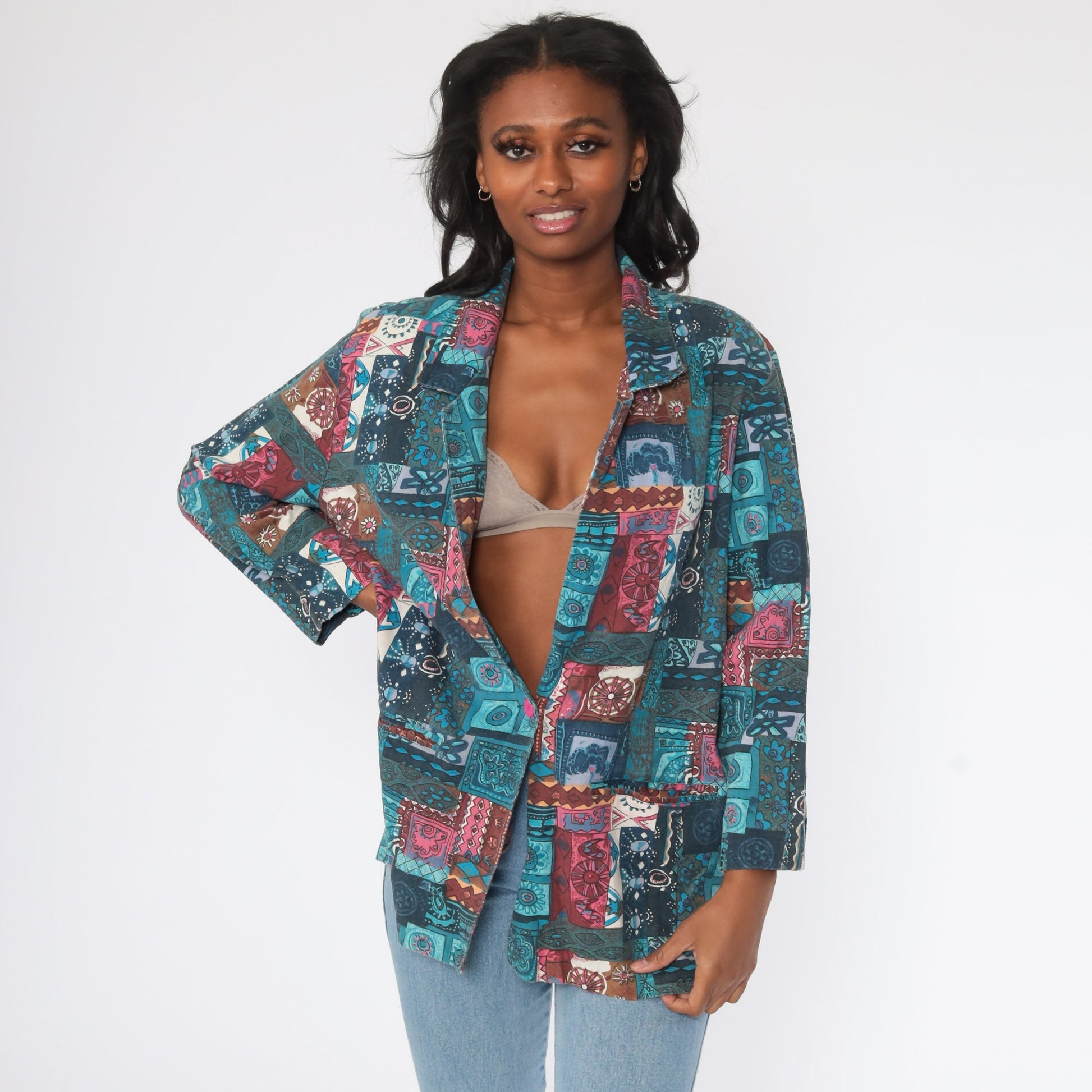 90s Blair Patchwork Floral Blazer Blue Extra Large XXL