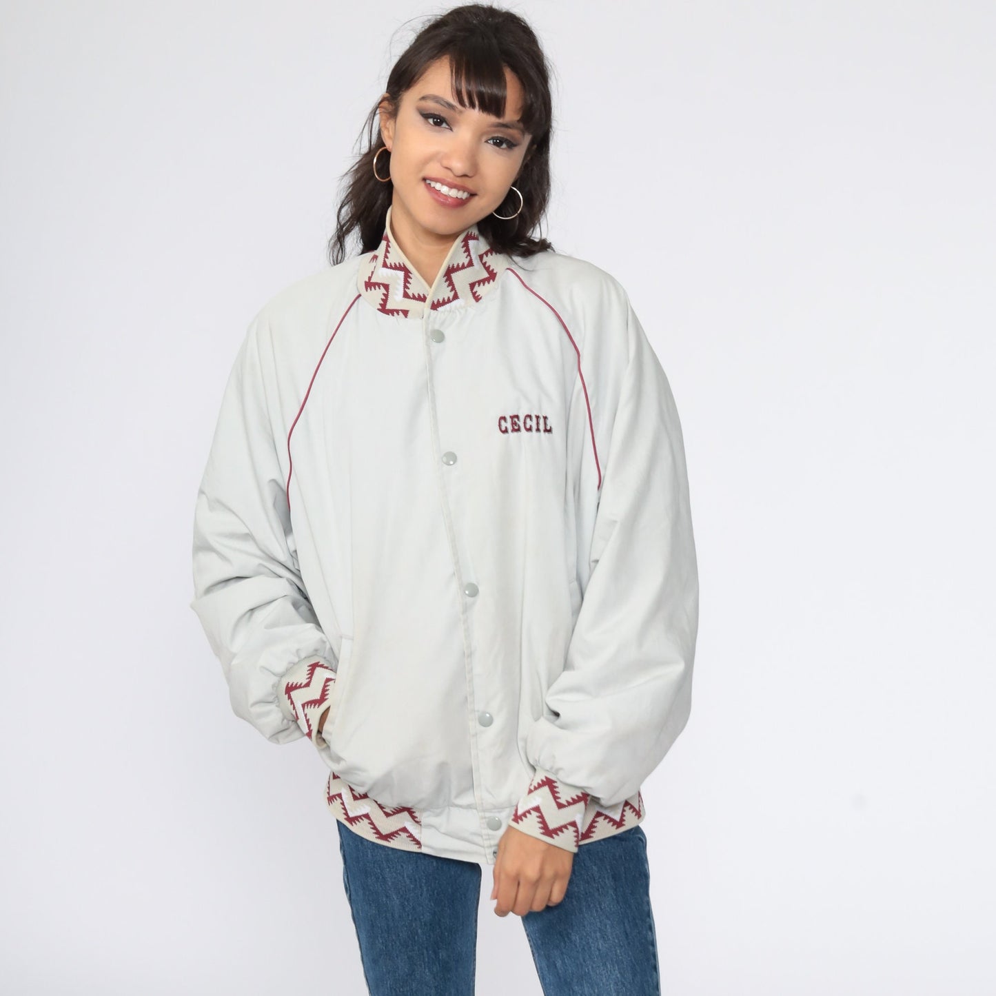 80s Cecil & Green Fields Baseball Jacket Grey Snap Unisex Extra Large