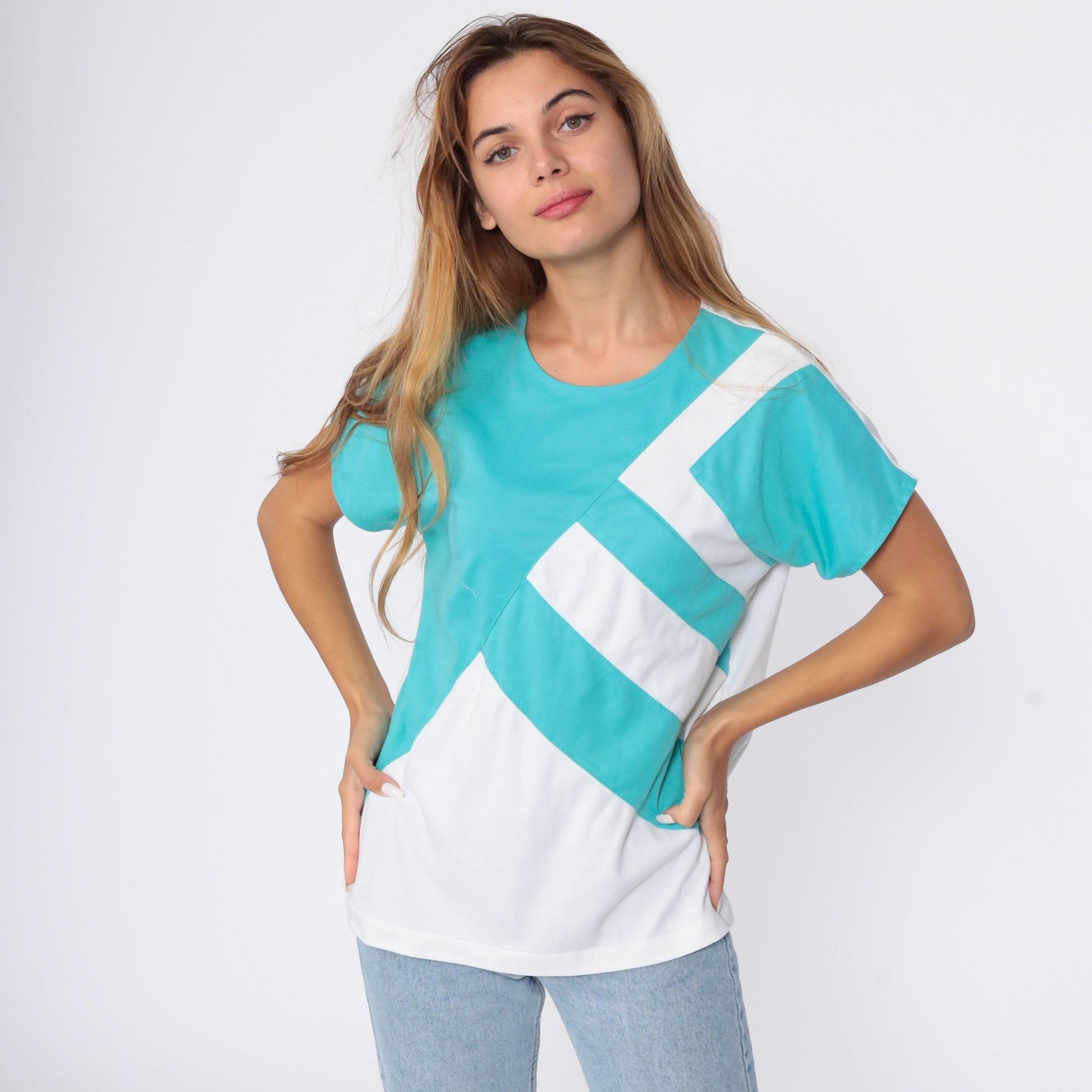 80s Turquoise White Striped T-Shirt Cap Sleeve Colorblock Top Medium