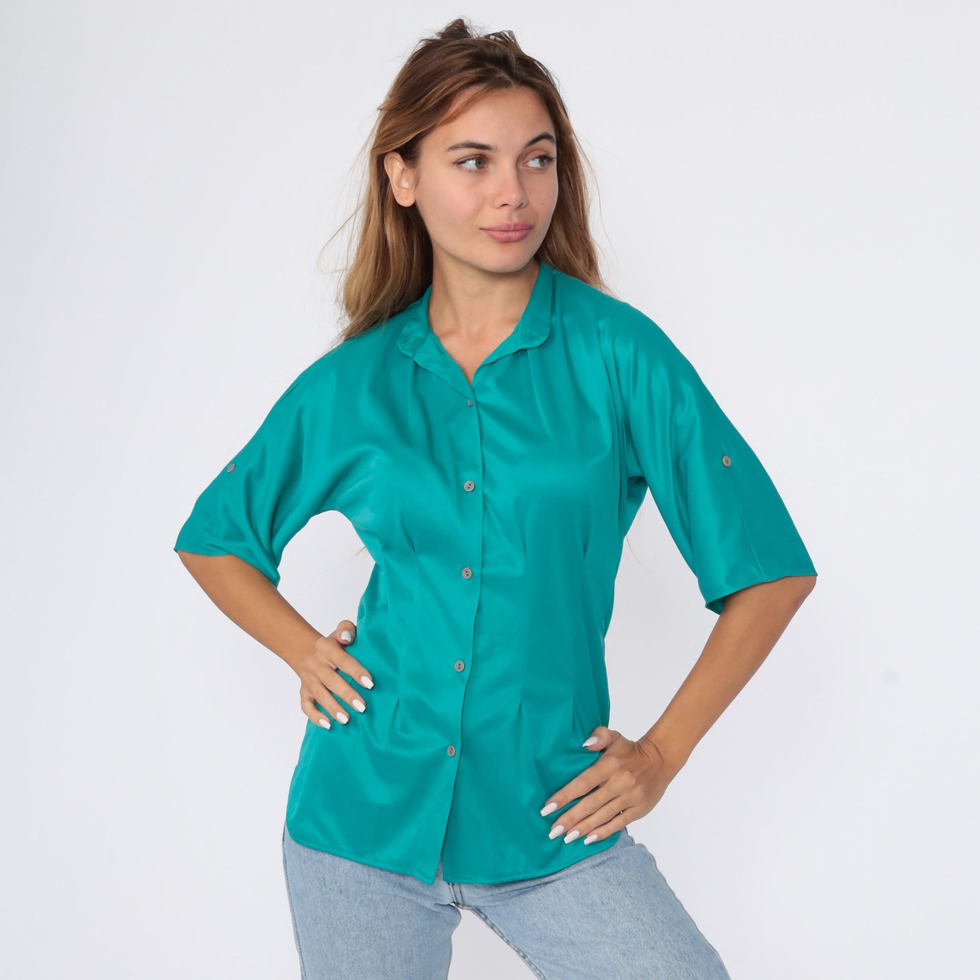 80s Teal Button-Up Shirt Short Sleeve Blouse Small