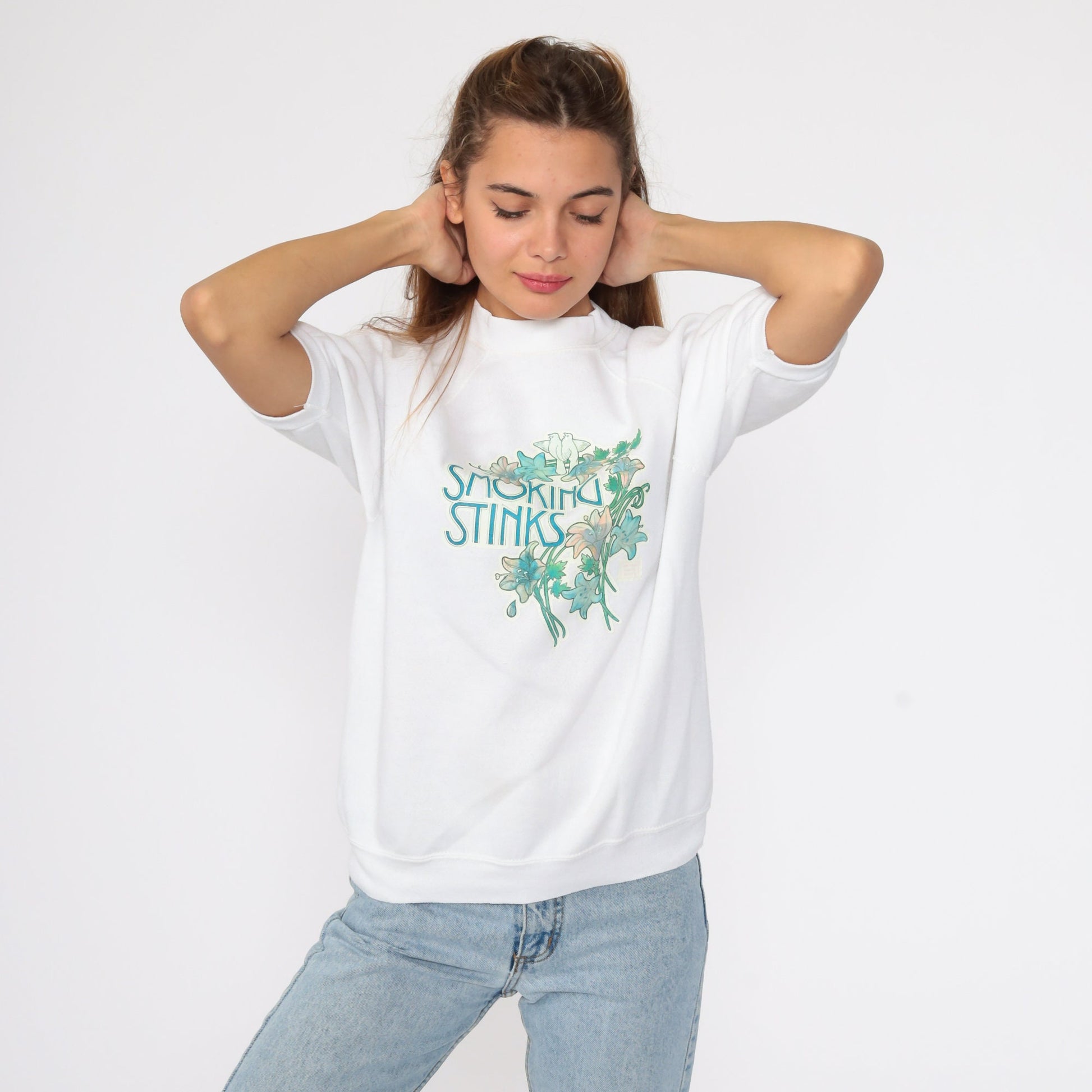 80s Smoking Stinks Graphic Sweatshirt Short Sleeve Raglan Small S