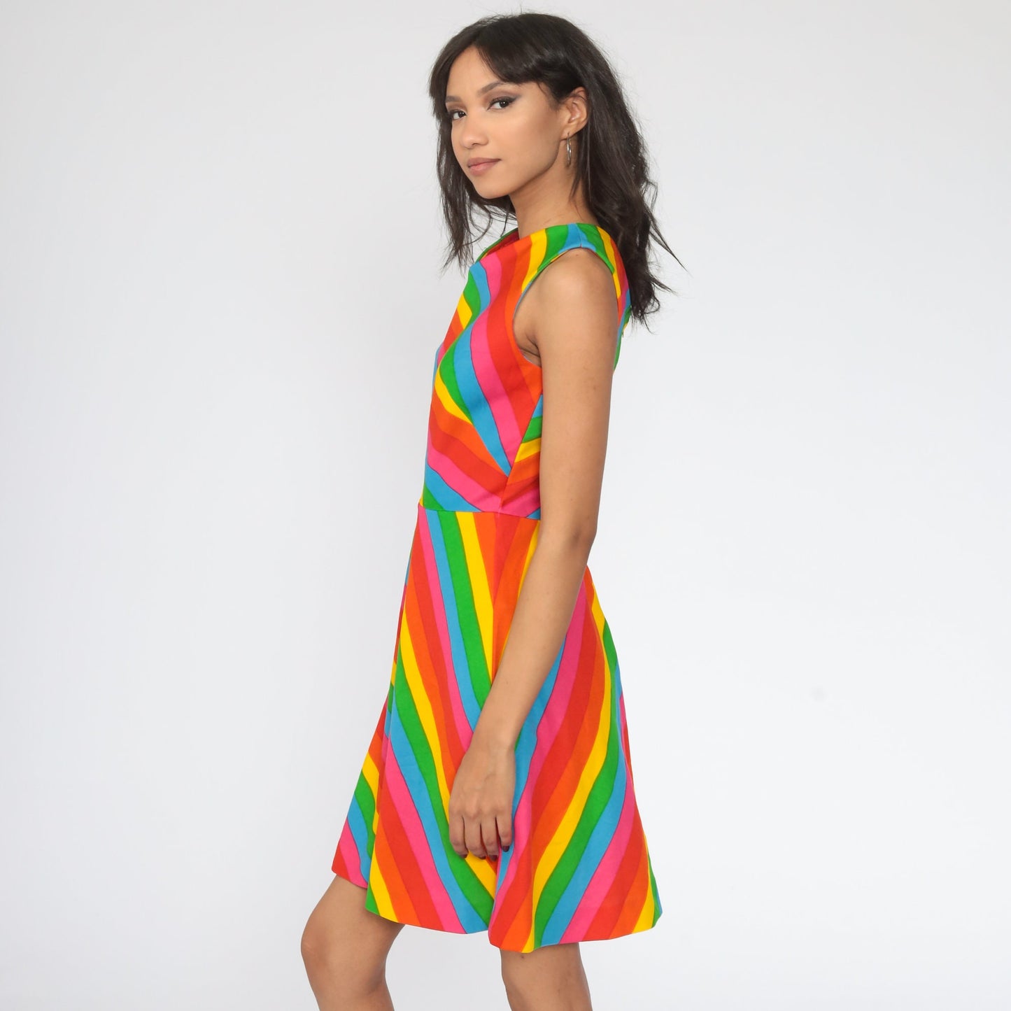 70s Gay Gibson Rainbow Striped Mini Dress Sleeveless High Waist Extra Small