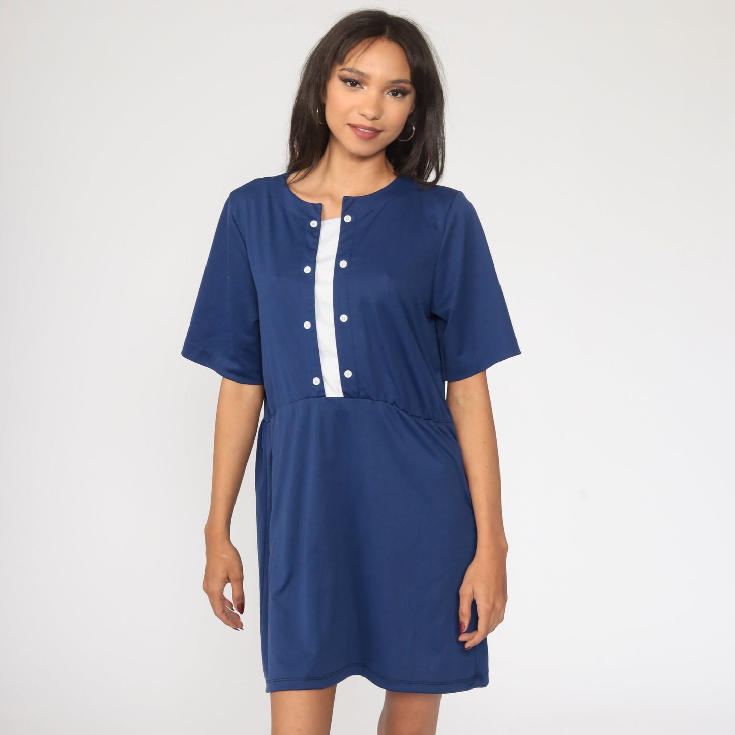 80s Dark Blue High-Waisted Mini Dress Button-Up Short Sleeve Extra Large XXL