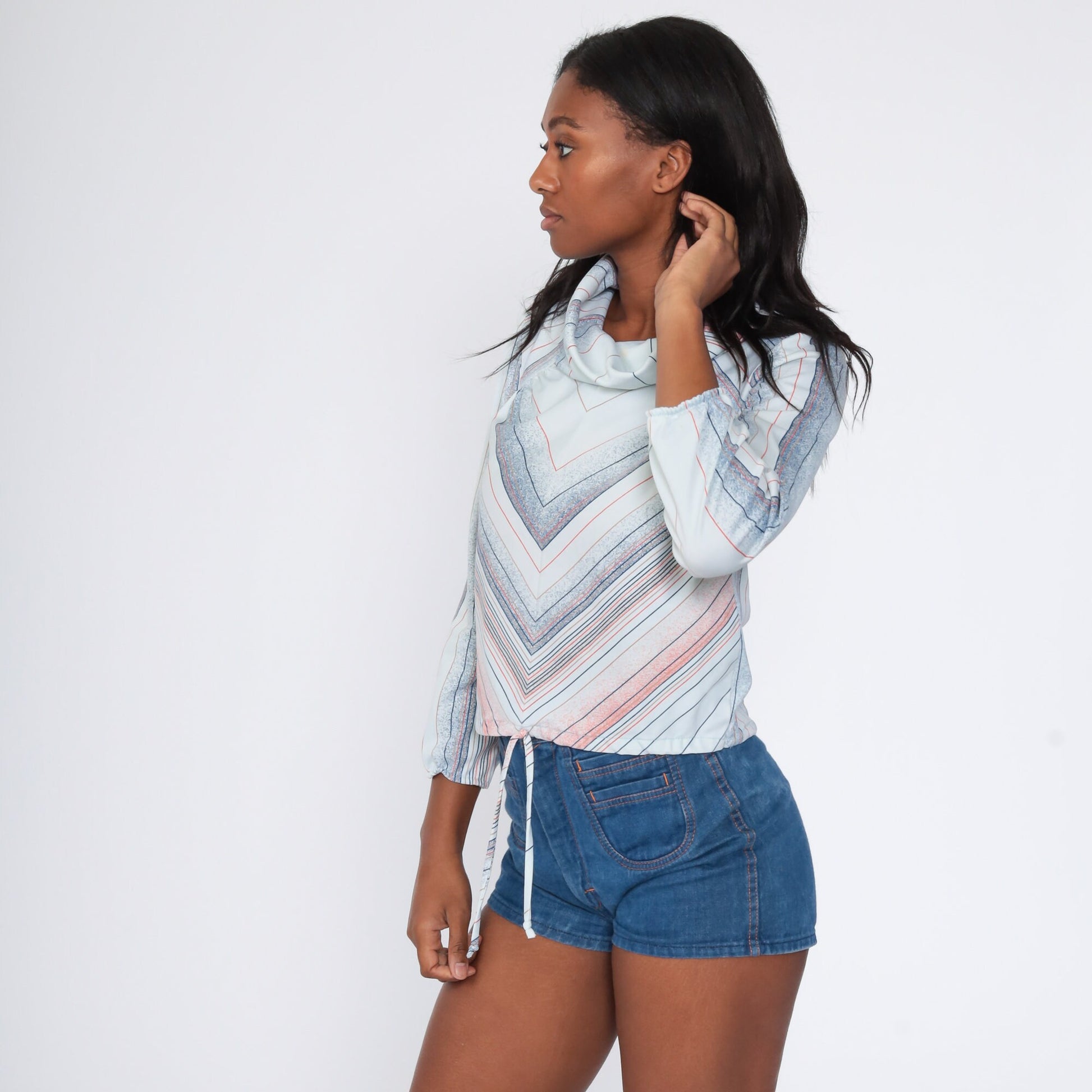 70s Chevron Striped Cowl Neck Blouse Blue Long Sleeve Small