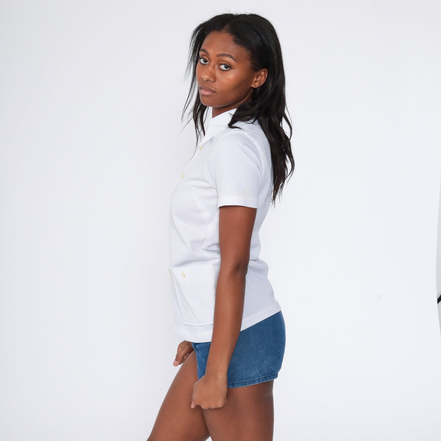 70s White Zip-Up Dagger Collar Shirt Short Sleeve Small